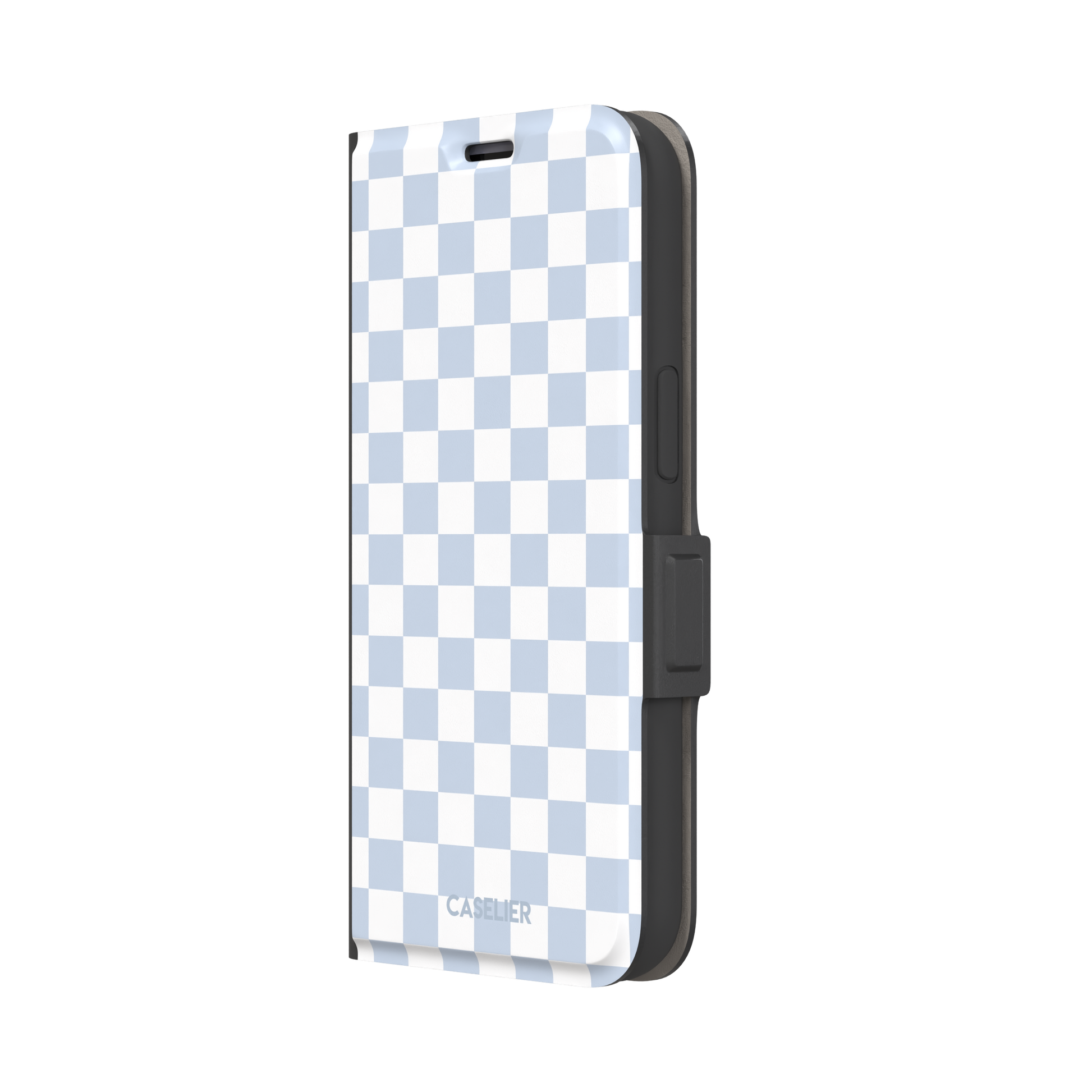 Checkered phone case in soft baby blue and white checkerboard pattern, phone case by Caselier — wallet case, right view