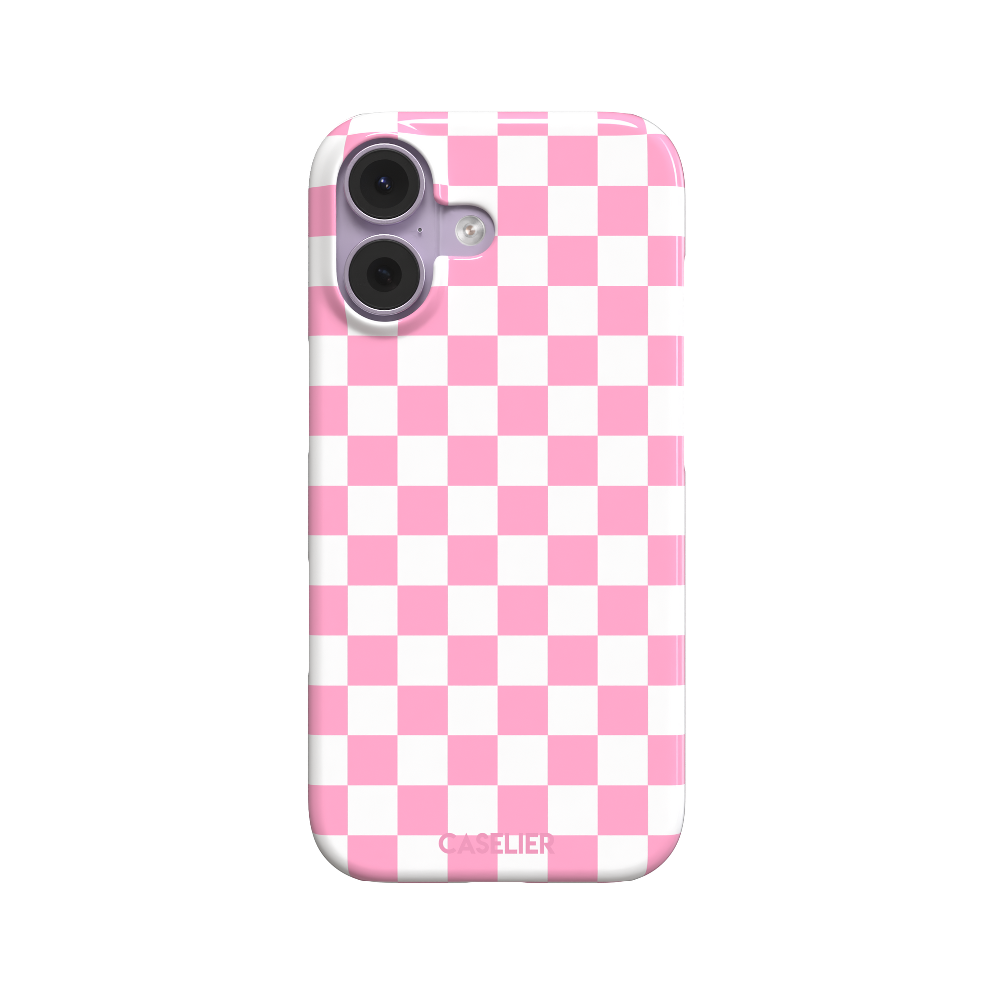 Checkered phone case in bubblegum pink and white checkerboard pattern, phone case by Caselier — snap case, front view