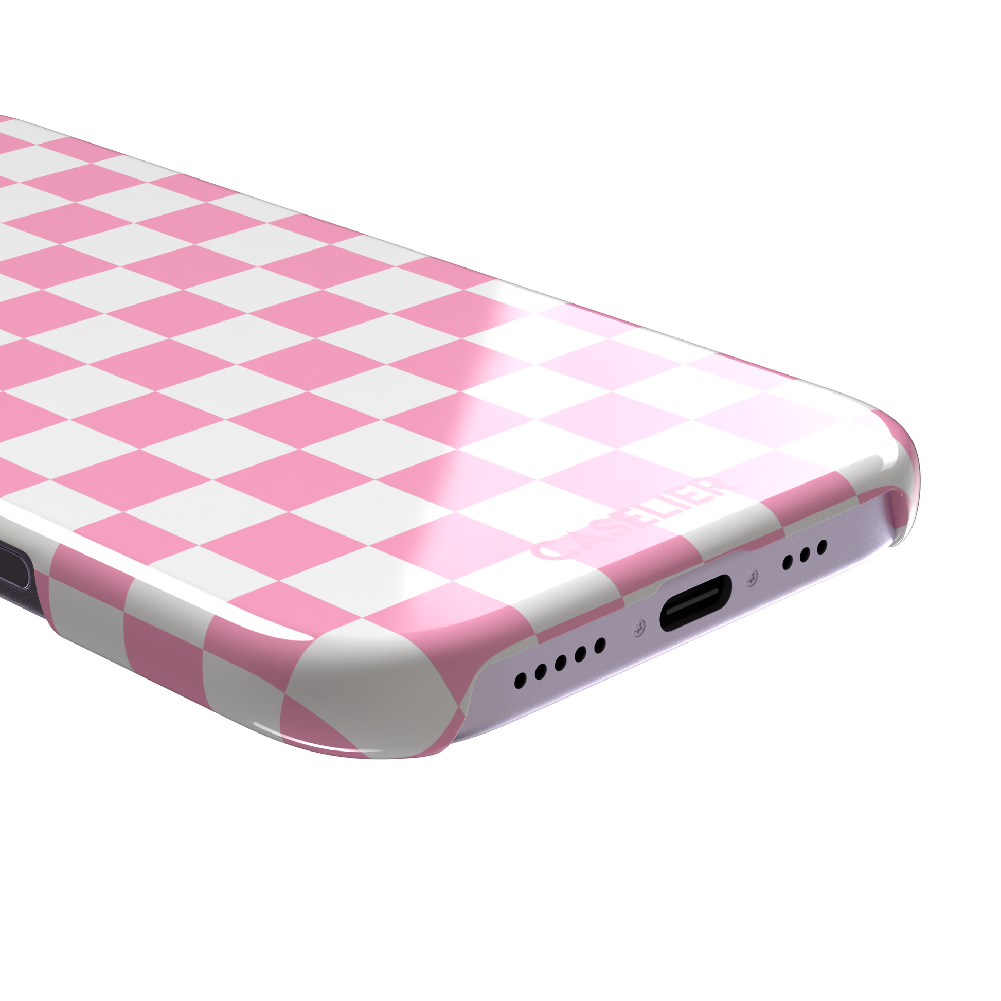 Checkered phone case in bubblegum pink and white checkerboard pattern, phone case by Caselier — snap case, charging port detail