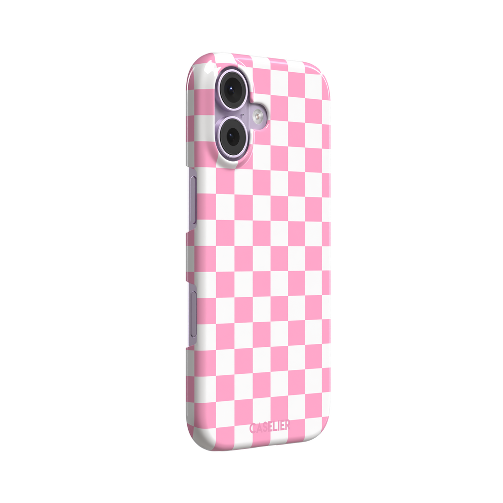 Checkered phone case in bubblegum pink and white checkerboard pattern, phone case by Caselier — snap case, left view