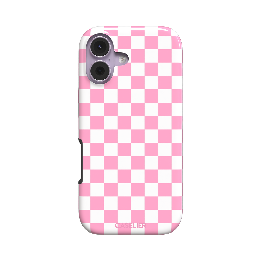 Checkered phone case in bubblegum pink and white checkerboard pattern, phone case by Caselier — tough case, front view