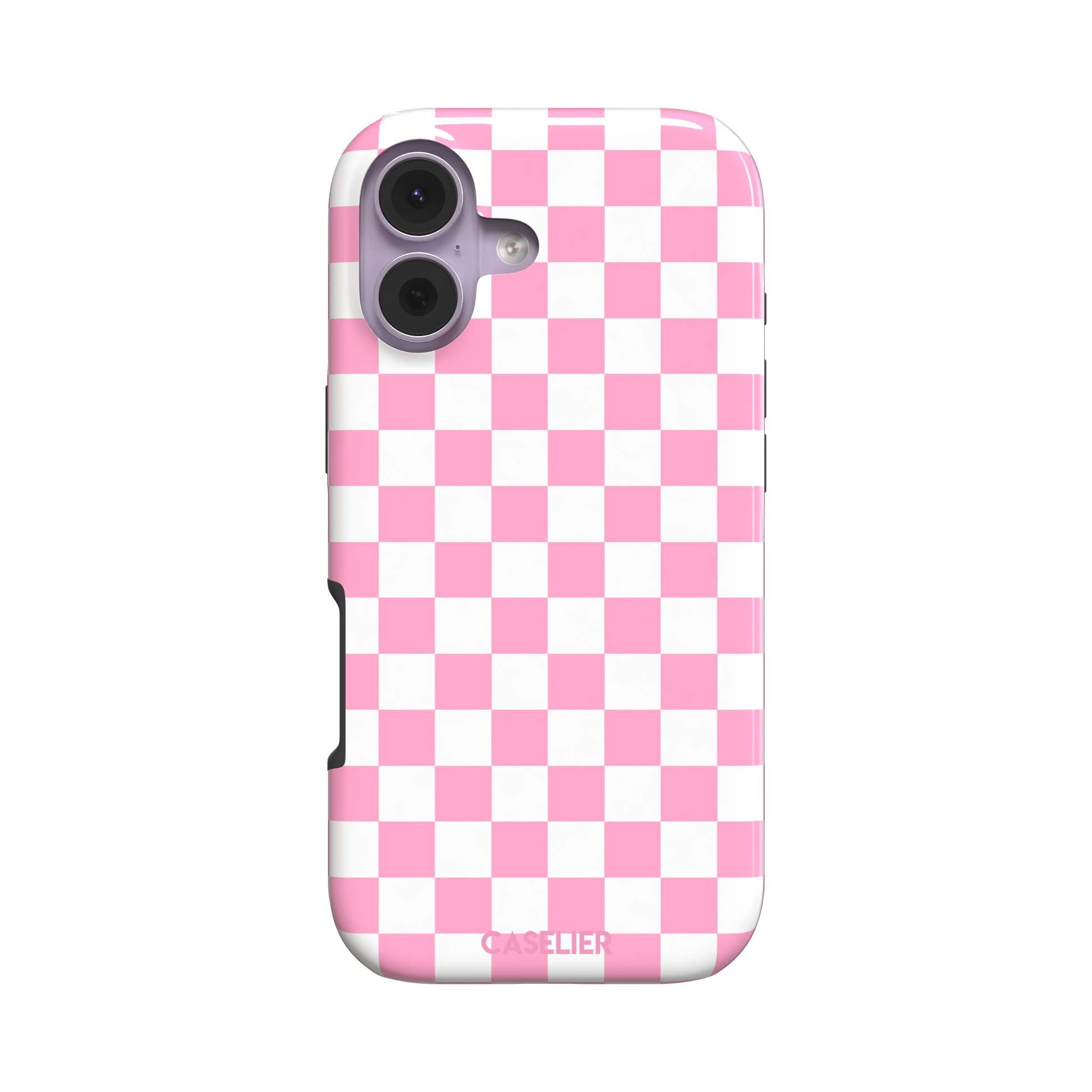 Checkered phone case in bubblegum pink and white checkerboard pattern, phone case by Caselier — tough case, front view