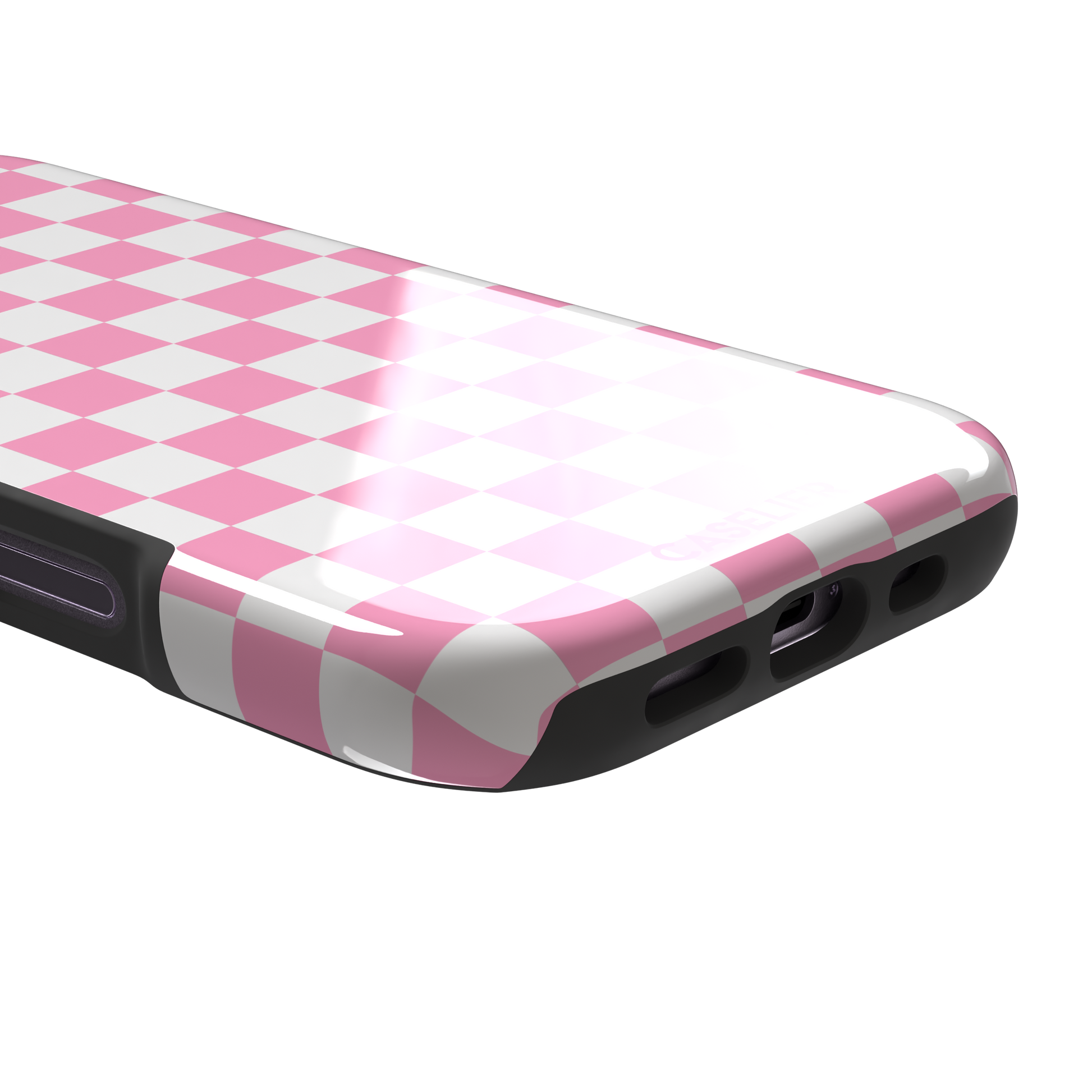 Checkered phone case in bubblegum pink and white checkerboard pattern, phone case by Caselier — tough case, charging port detail