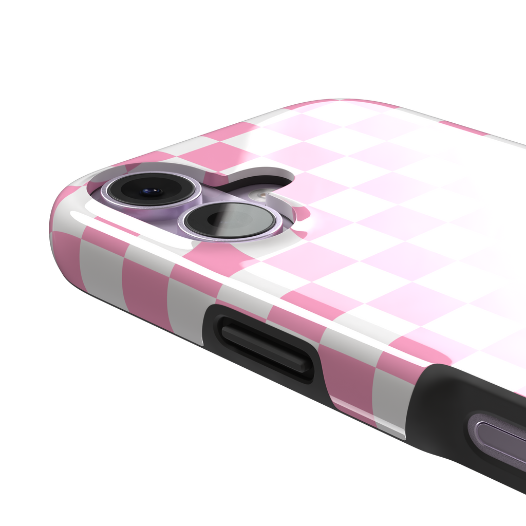 Checkered phone case in bubblegum pink and white checkerboard pattern, phone case by Caselier — tough case, volume buttons detail