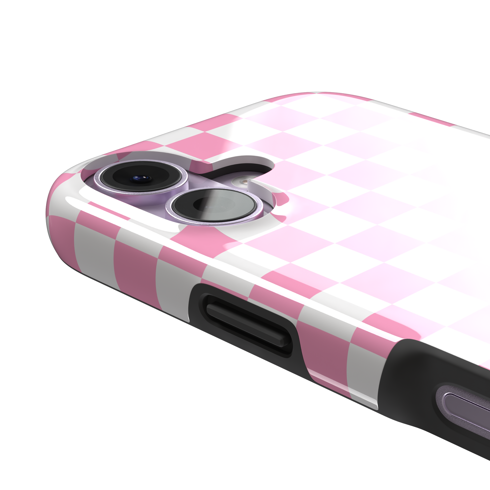 Checkered phone case in bubblegum pink and white checkerboard pattern, phone case by Caselier — tough case, volume buttons detail