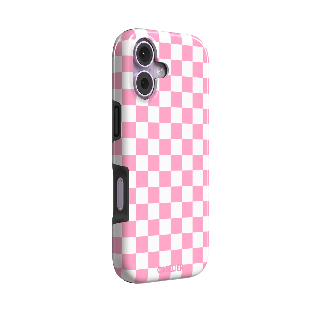 Checkered phone case in bubblegum pink and white checkerboard pattern, phone case by Caselier — tough case, left view