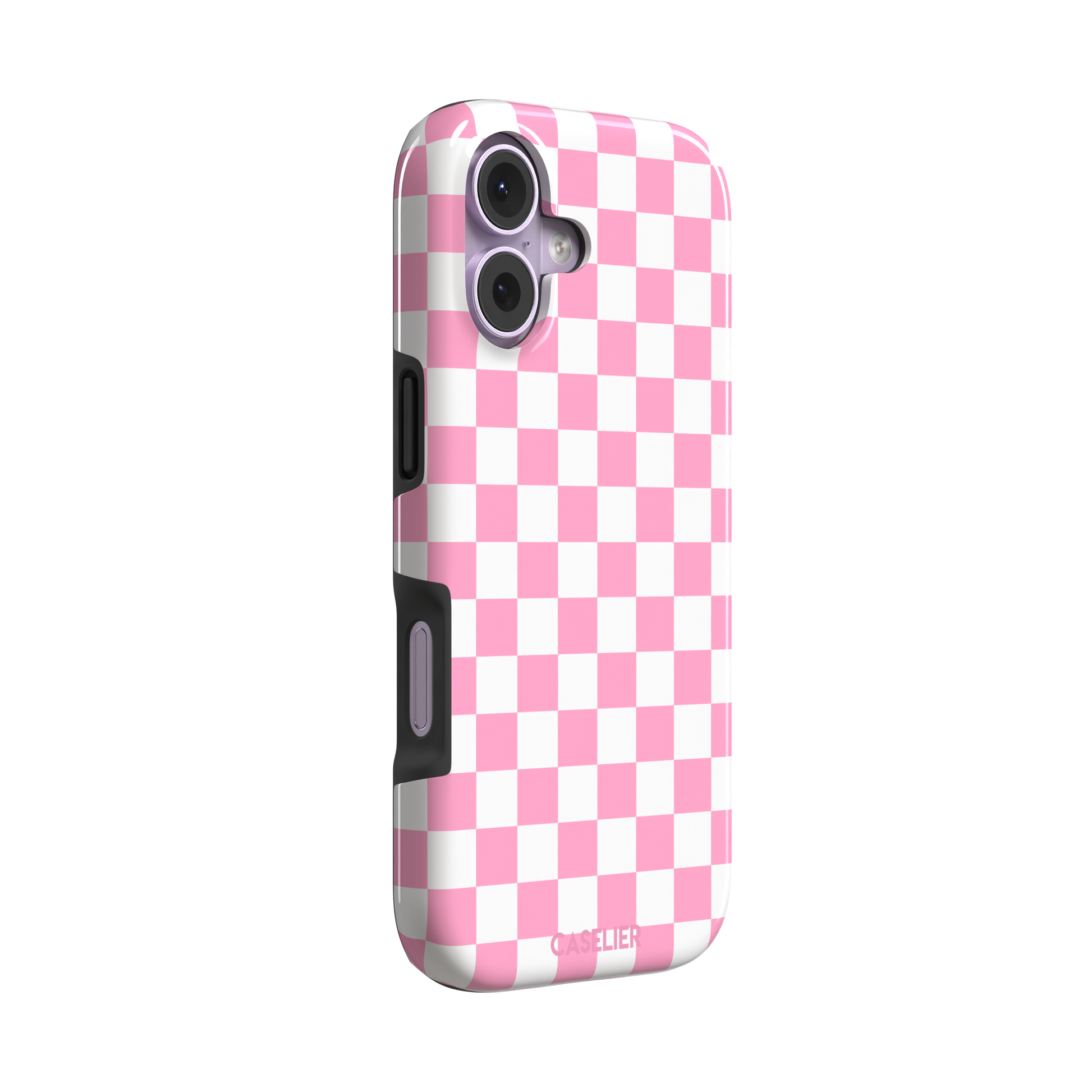 Checkered phone case in bubblegum pink and white checkerboard pattern, phone case by Caselier — tough case, left view