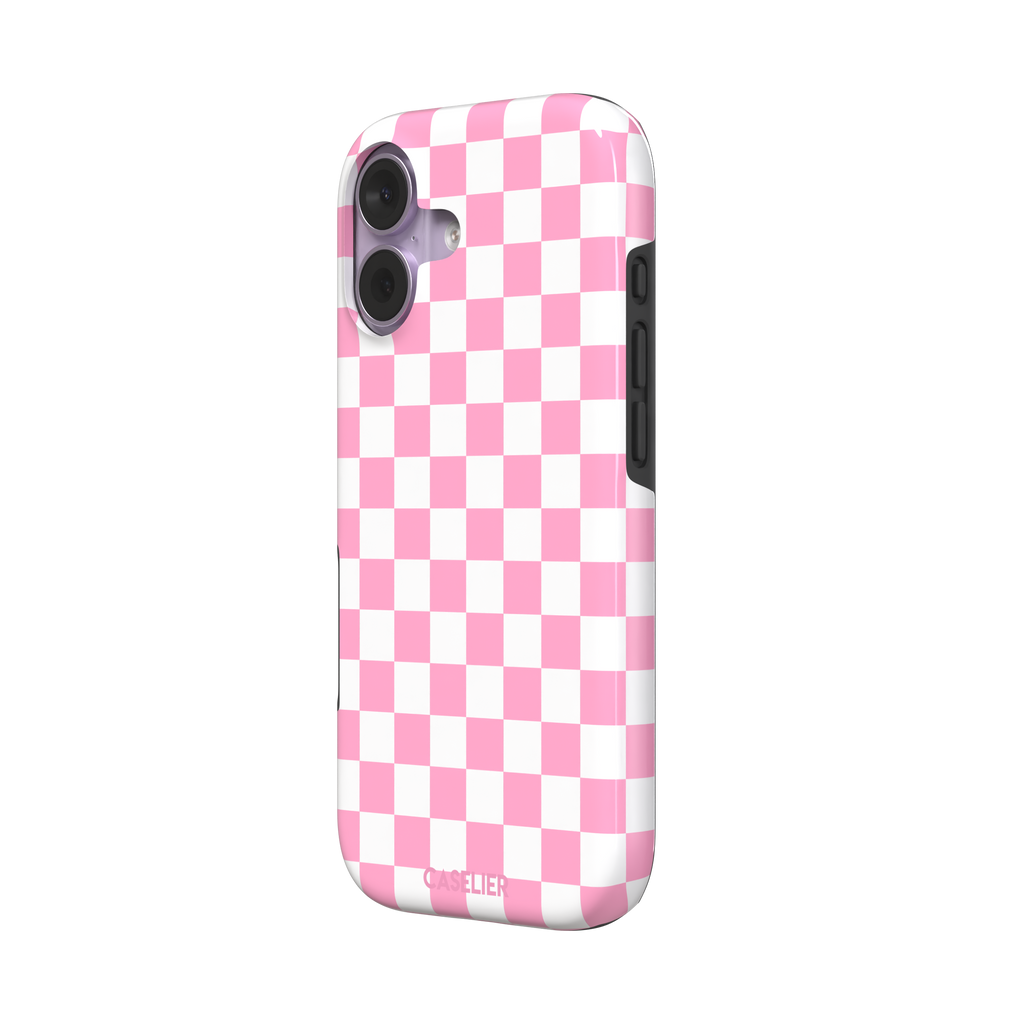 Checkered phone case in bubblegum pink and white checkerboard pattern, phone case by Caselier — tough case, right view