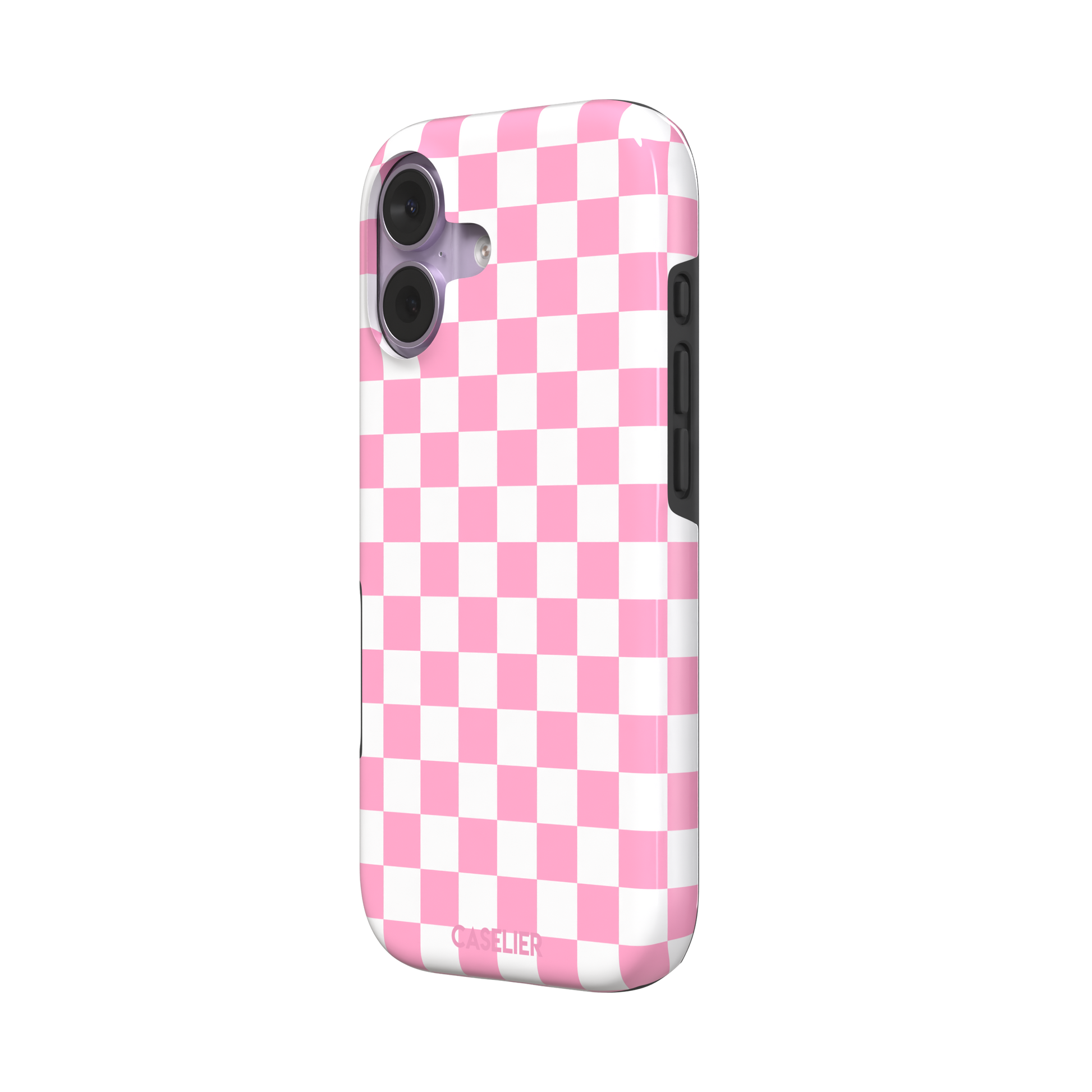 Checkered phone case in bubblegum pink and white checkerboard pattern, phone case by Caselier — tough case, right view