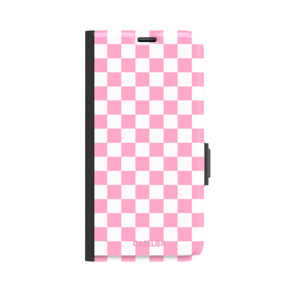 Checkered phone case in bubblegum pink and white checkerboard pattern, phone case by Caselier — wallet case, front view