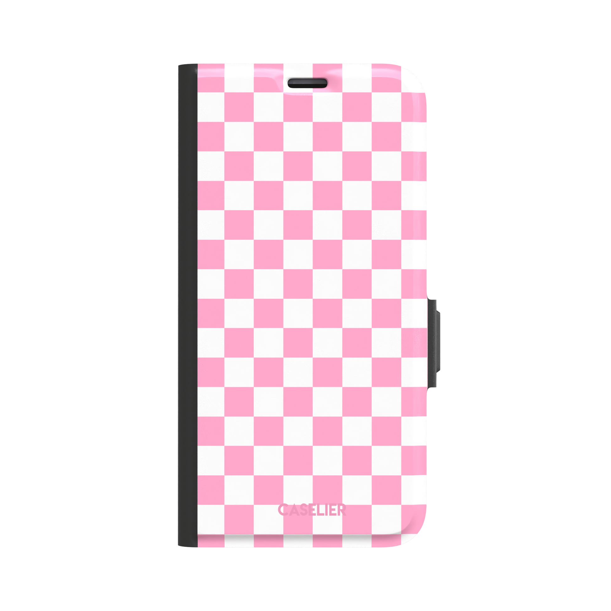 Checkered phone case in bubblegum pink and white checkerboard pattern, phone case by Caselier — wallet case, front view