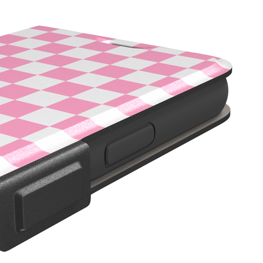 Checkered phone case in bubblegum pink and white checkerboard pattern, phone case by Caselier — wallet case, volume buttons detail