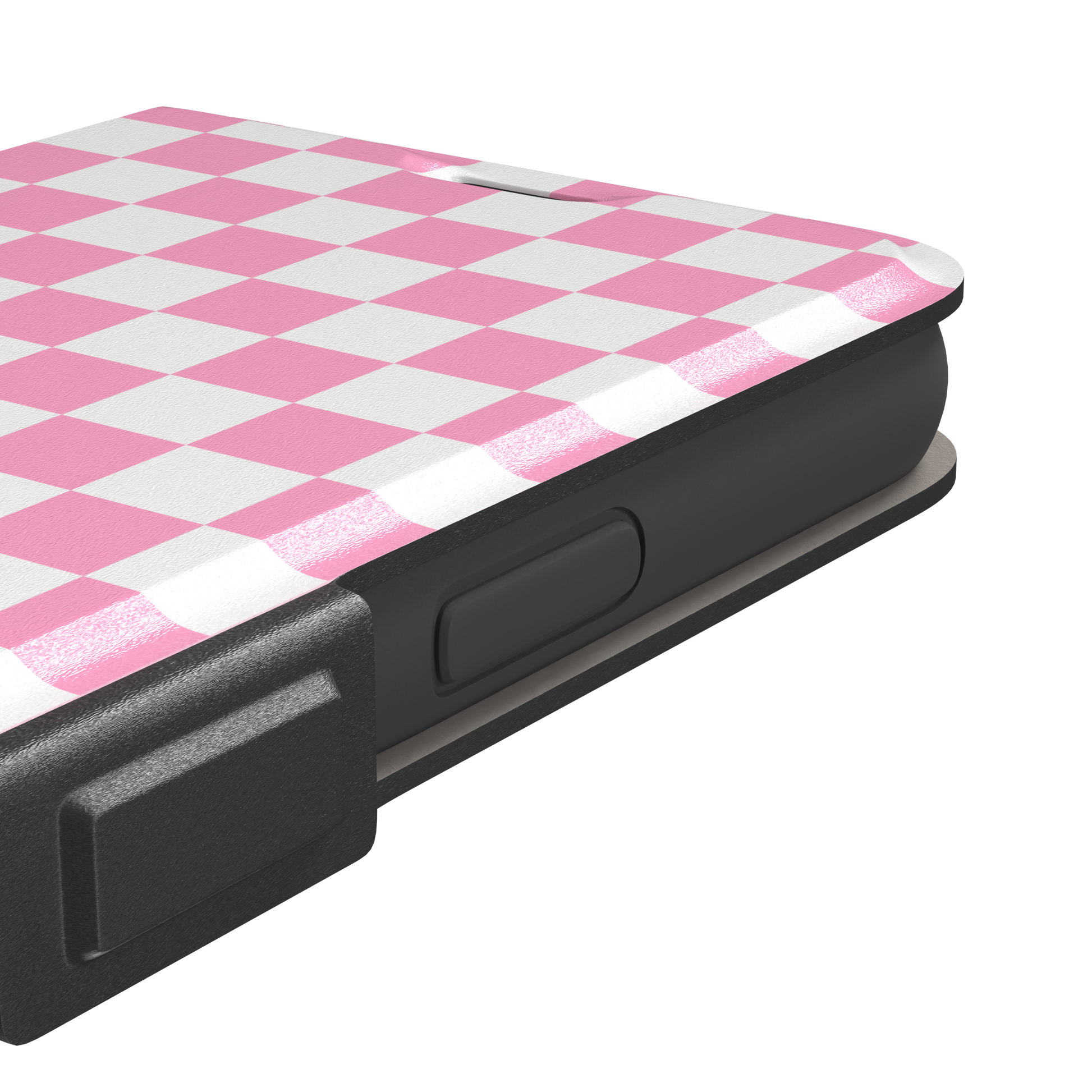 Checkered phone case in bubblegum pink and white checkerboard pattern, phone case by Caselier — wallet case, volume buttons detail