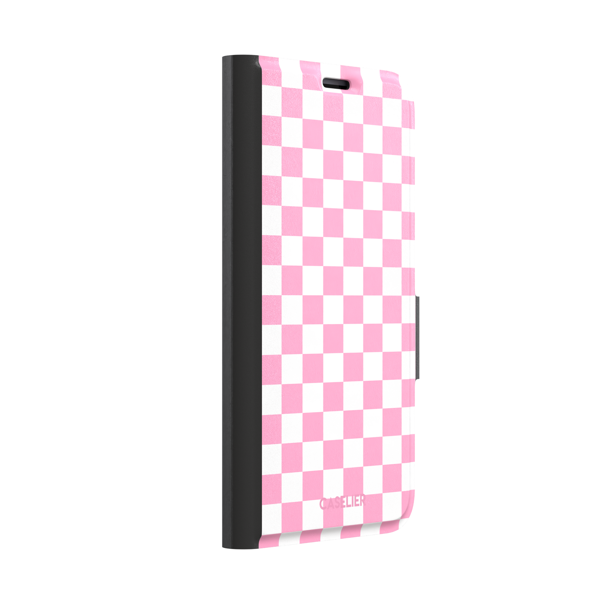 Checkered phone case in bubblegum pink and white checkerboard pattern, phone case by Caselier — wallet case, left view