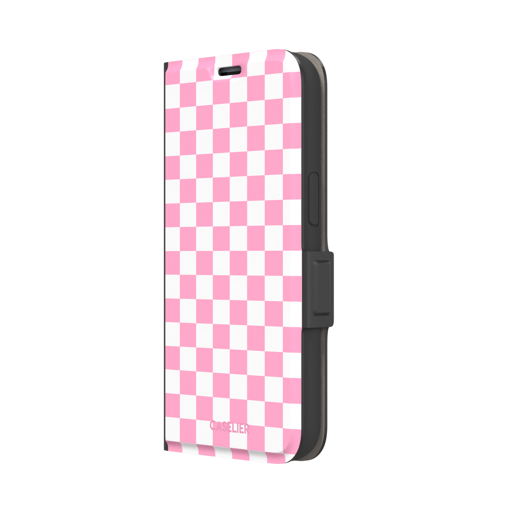 Checkered phone case in bubblegum pink and white checkerboard pattern, phone case by Caselier — wallet case, right view