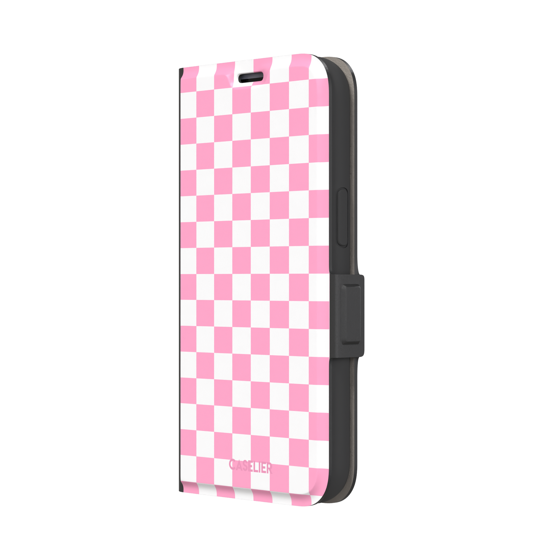 Checkered phone case in bubblegum pink and white checkerboard pattern, phone case by Caselier — wallet case, right view