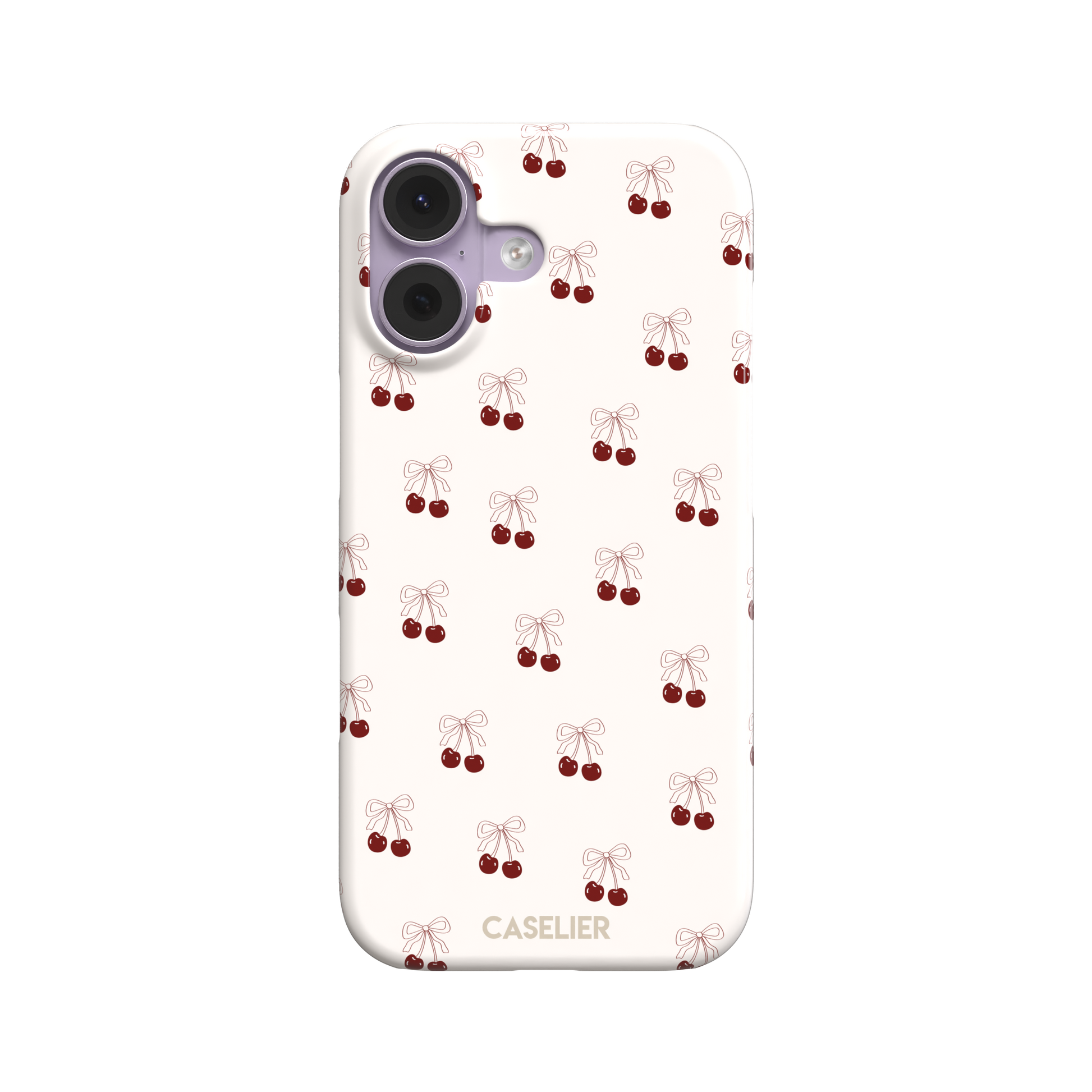 Cherry Bow phone case with glossy red cherries and delicate line-drawn bows scattered across a cream background, coquette style, phone case by Caselier — snap case, front view