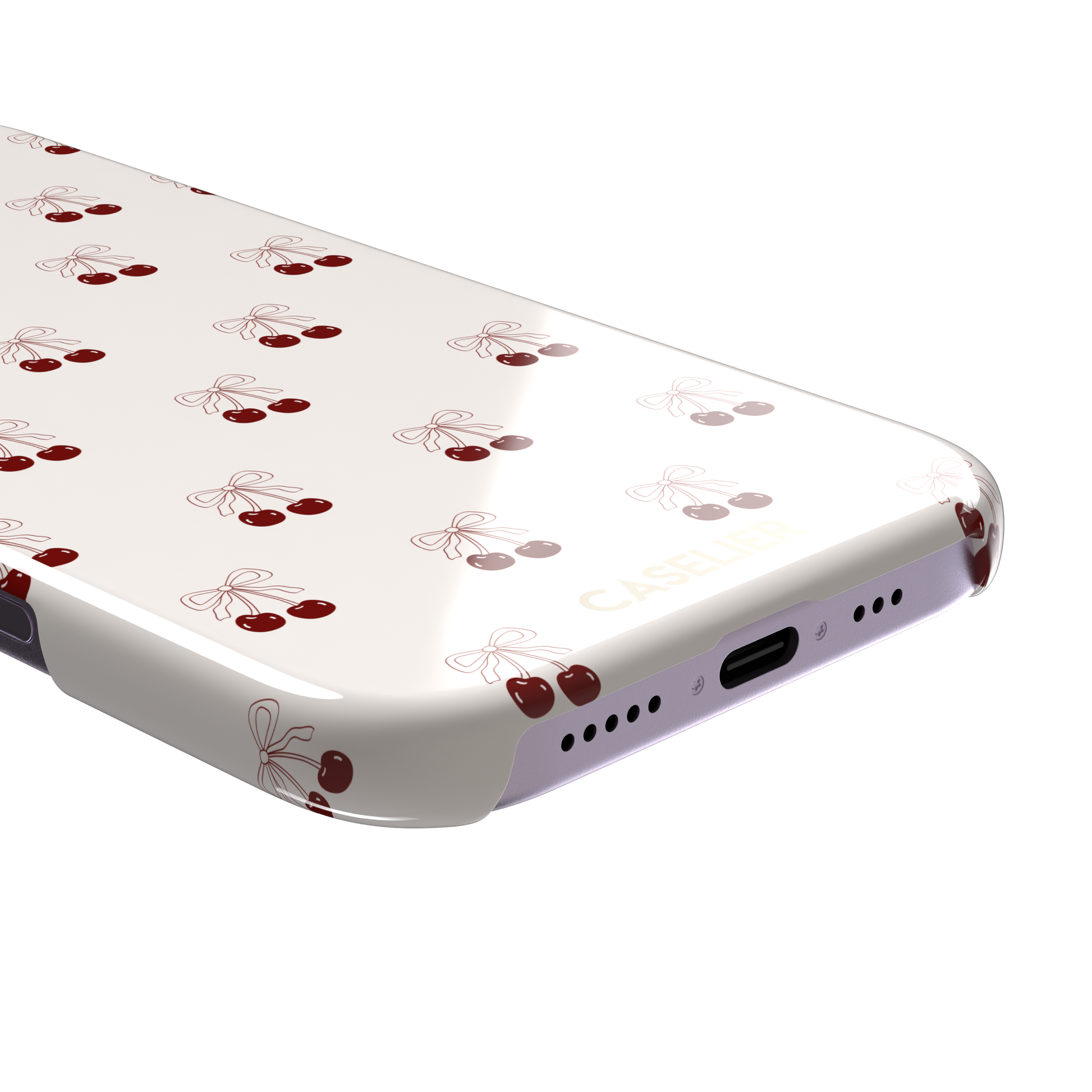 Cherry Bow phone case with glossy red cherries and delicate line-drawn bows scattered across a cream background, coquette style, phone case by Caselier — snap case, charging port detail