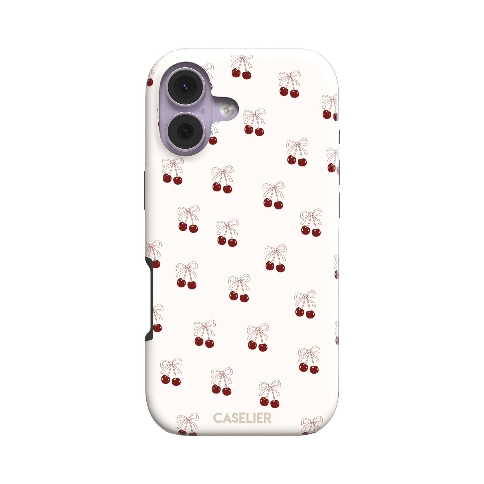 Cherry Bow phone case with glossy red cherries and delicate line-drawn bows scattered across a cream background, coquette style, phone case by Caselier — tough case, front view