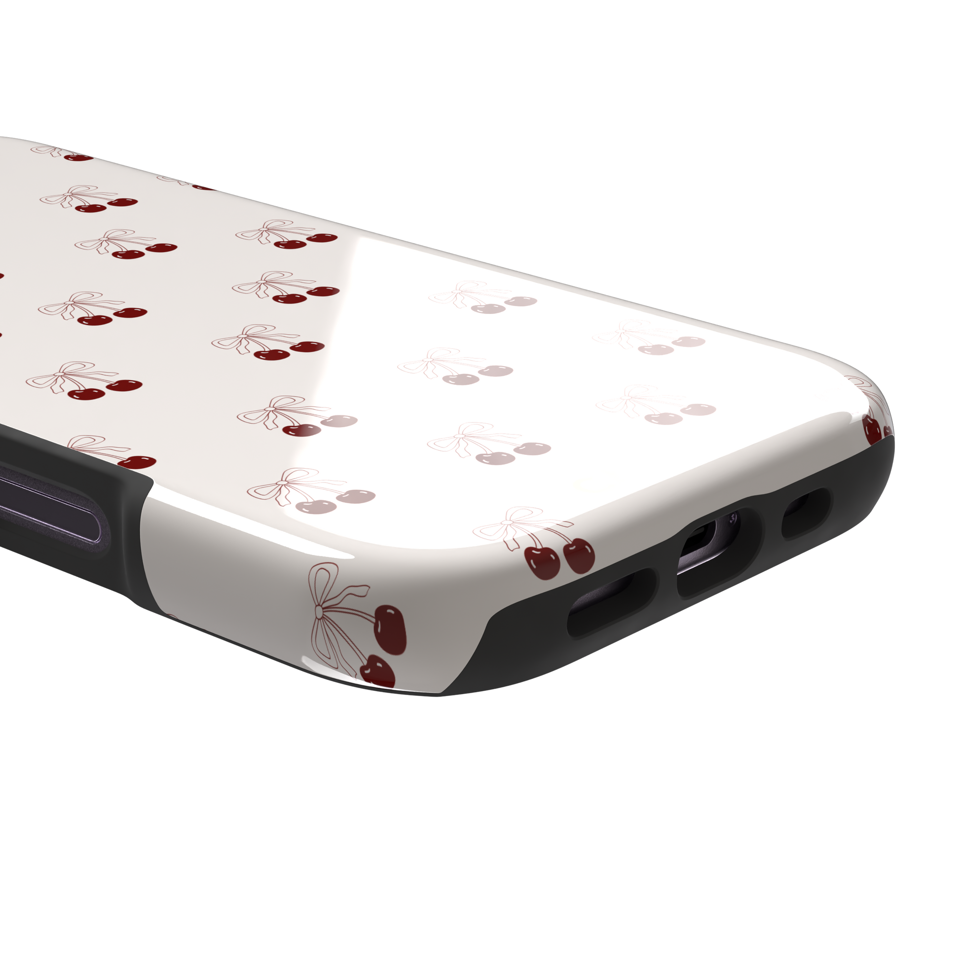 Cherry Bow phone case with glossy red cherries and delicate line-drawn bows scattered across a cream background, coquette style, phone case by Caselier — tough case, charging port detail