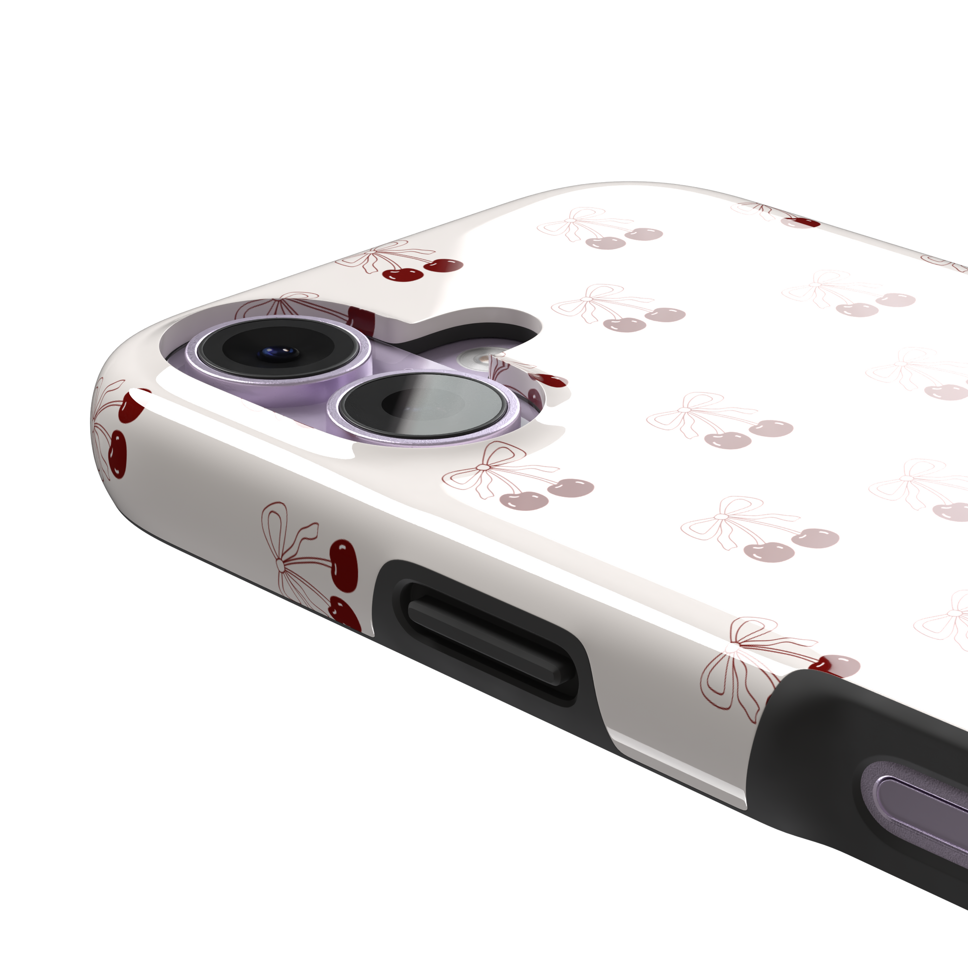 Cherry Bow phone case with glossy red cherries and delicate line-drawn bows scattered across a cream background, coquette style, phone case by Caselier — tough case, volume buttons detail