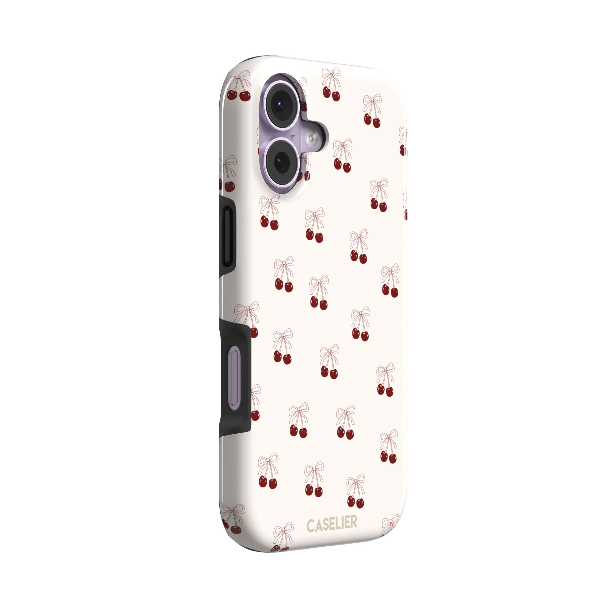 Cherry Bow phone case with glossy red cherries and delicate line-drawn bows scattered across a cream background, coquette style, phone case by Caselier — tough case, left view