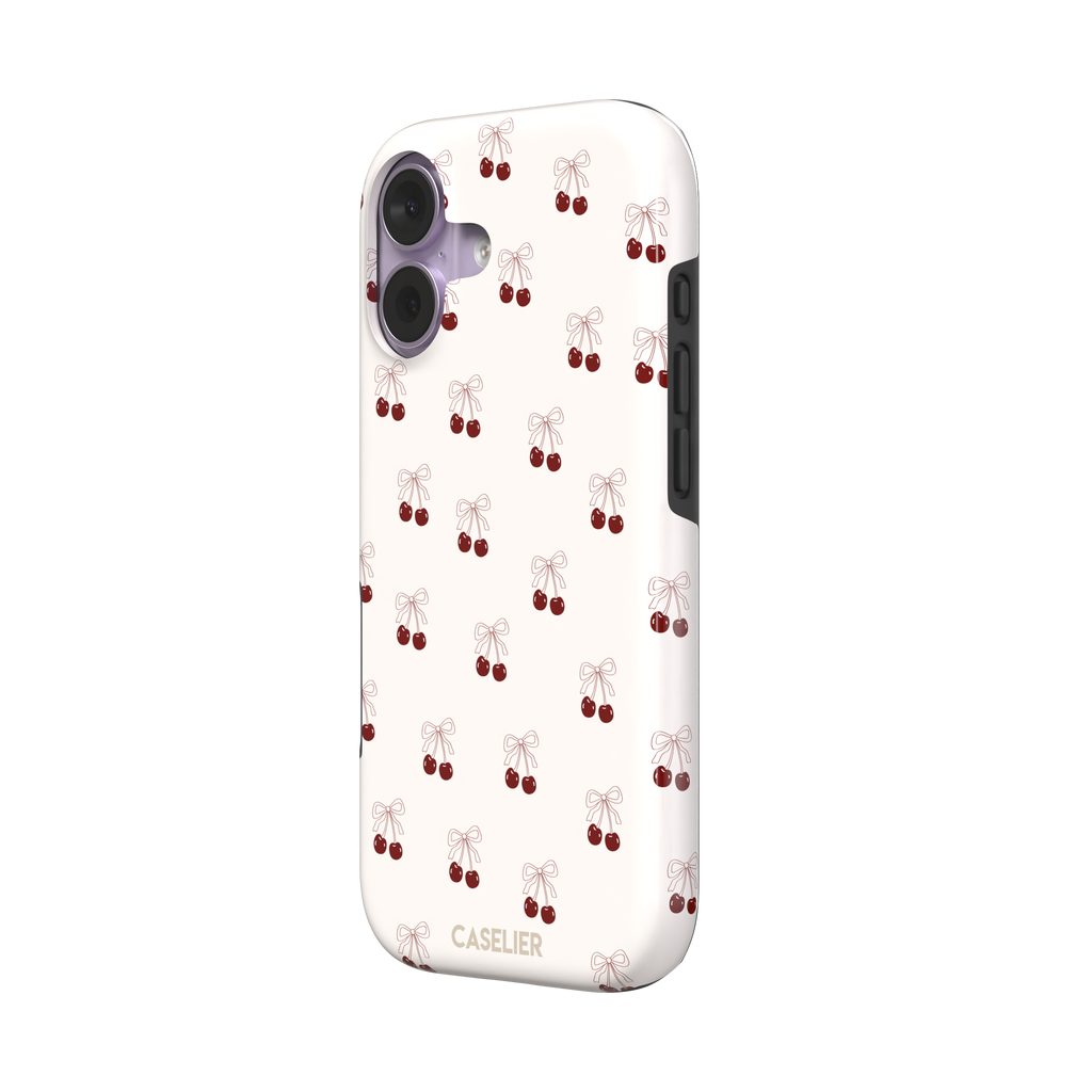 Cherry Bow phone case with glossy red cherries and delicate line-drawn bows scattered across a cream background, coquette style, phone case by Caselier — tough case, right view