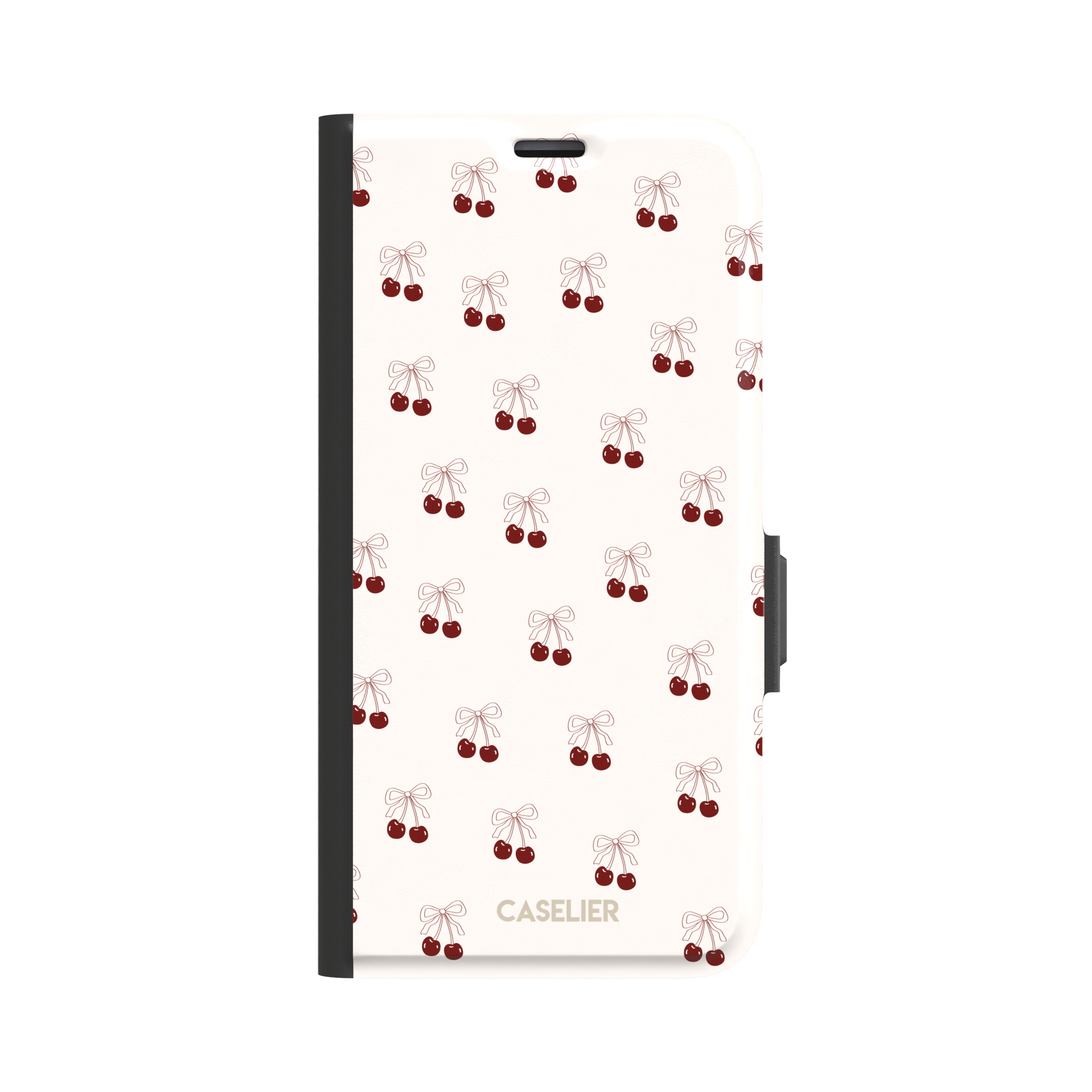 Cherry Bow phone case with glossy red cherries and delicate line-drawn bows scattered across a cream background, coquette style, phone case by Caselier — wallet case, front view