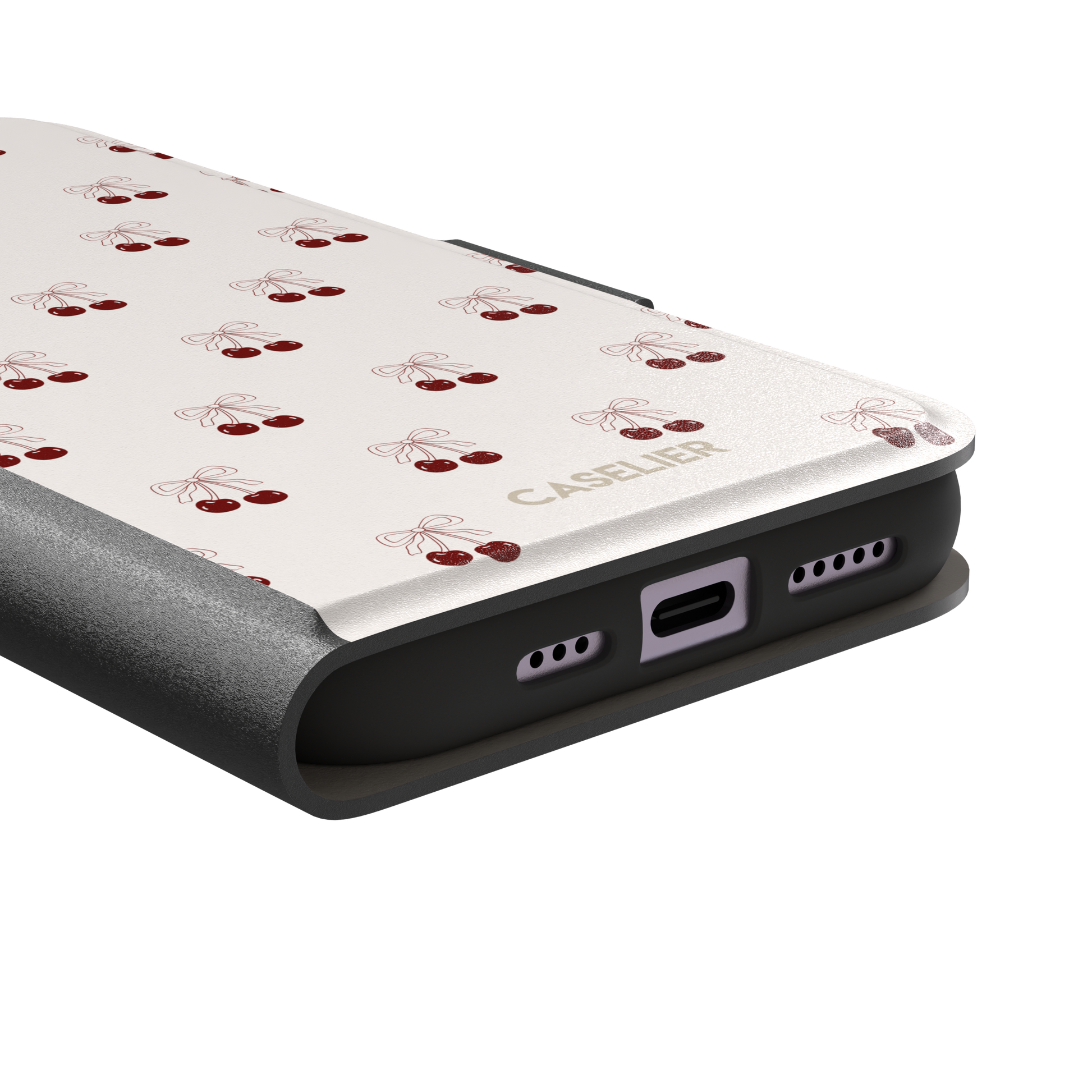 Cherry Bow phone case with glossy red cherries and delicate line-drawn bows scattered across a cream background, coquette style, phone case by Caselier — wallet case, charging port detail