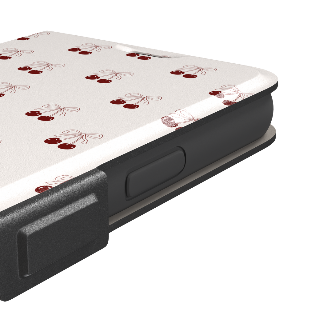 Cherry Bow phone case with glossy red cherries and delicate line-drawn bows scattered across a cream background, coquette style, phone case by Caselier — wallet case, volume buttons detail