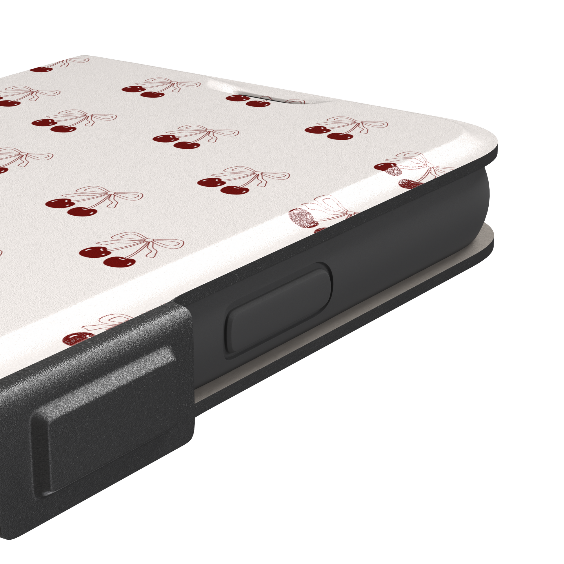 Cherry Bow phone case with glossy red cherries and delicate line-drawn bows scattered across a cream background, coquette style, phone case by Caselier — wallet case, volume buttons detail