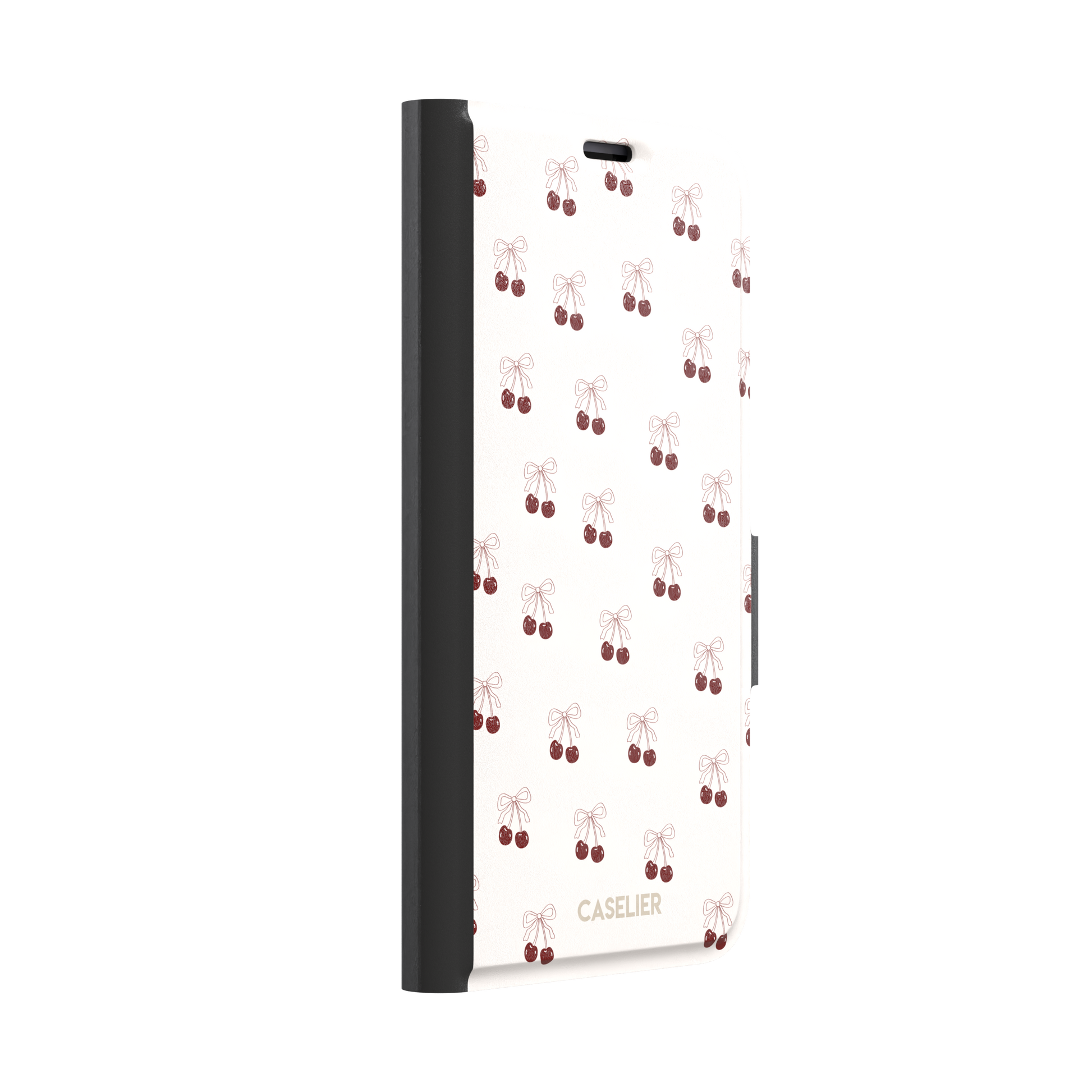 Cherry Bow phone case with glossy red cherries and delicate line-drawn bows scattered across a cream background, coquette style, phone case by Caselier — wallet case, left view