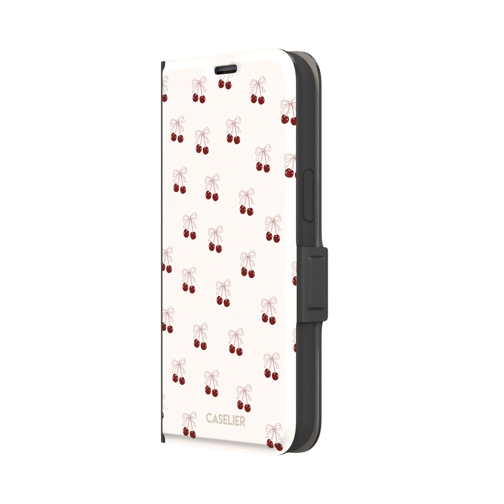 Cherry Bow phone case with glossy red cherries and delicate line-drawn bows scattered across a cream background, coquette style, phone case by Caselier — wallet case, right view