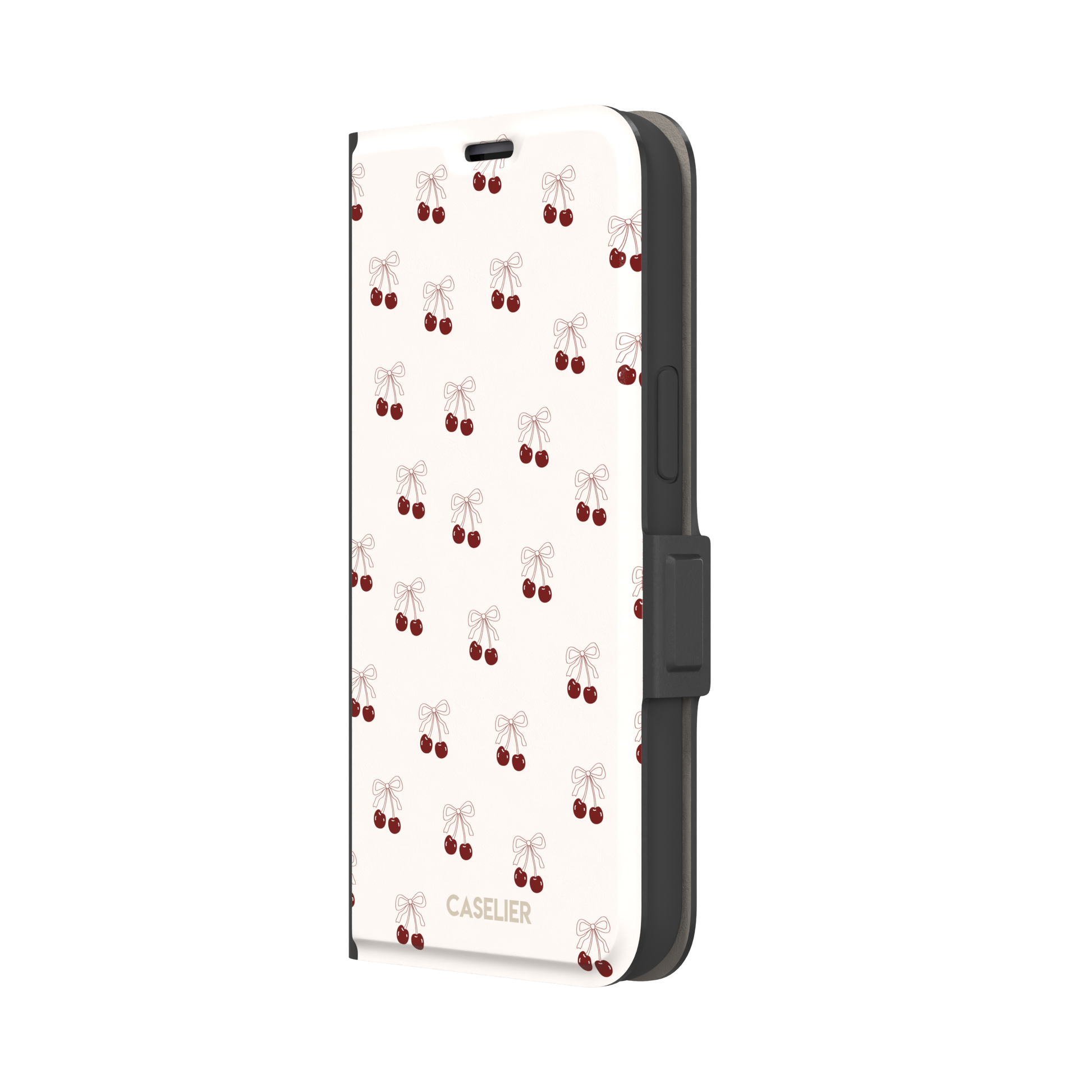Cherry Bow phone case with glossy red cherries and delicate line-drawn bows scattered across a cream background, coquette style, phone case by Caselier — wallet case, right view