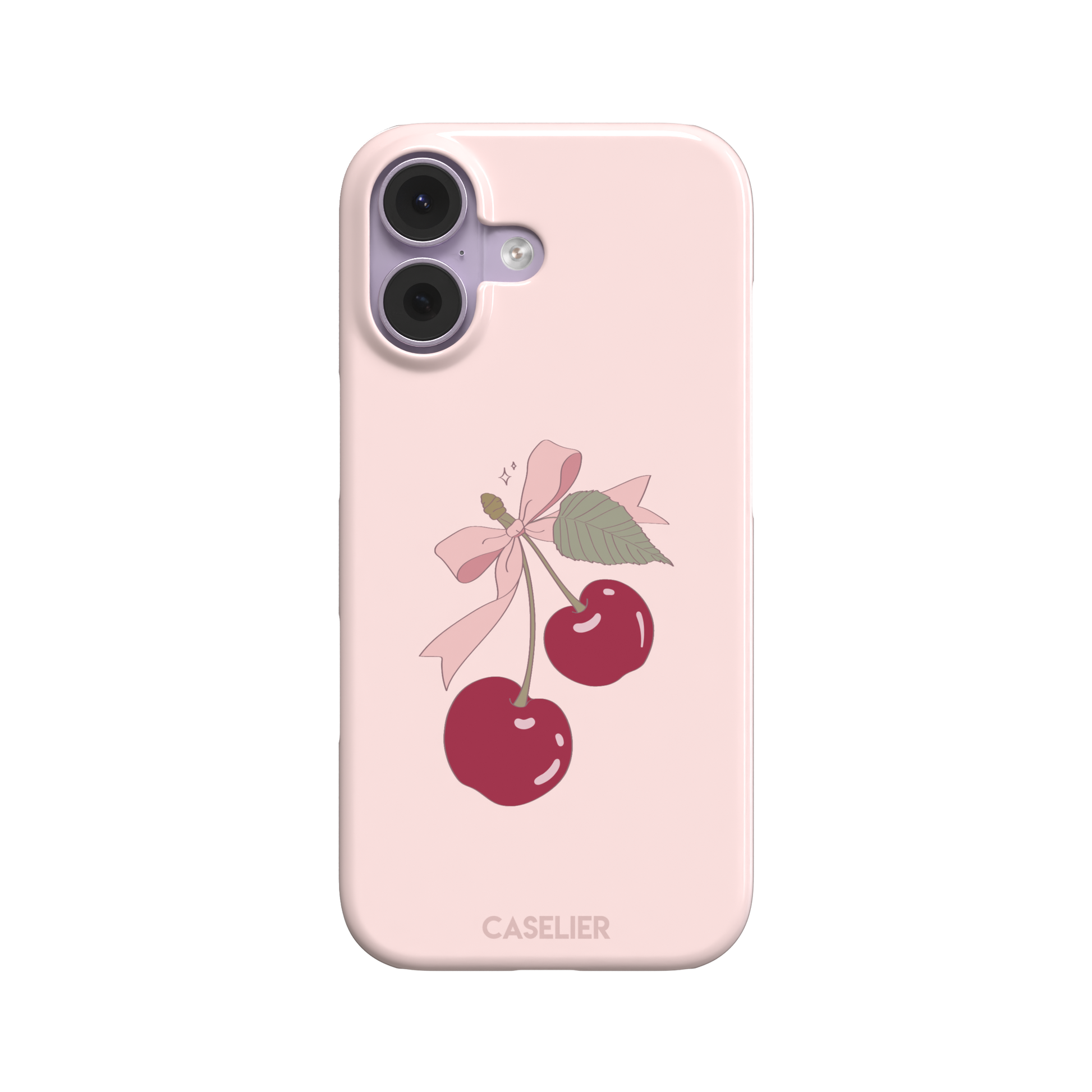 Soft pink phone case featuring two glossy red cherries tied with a pink ribbon bow and green leaf illustration in a coquette style, phone case by Caselier — snap case, front view