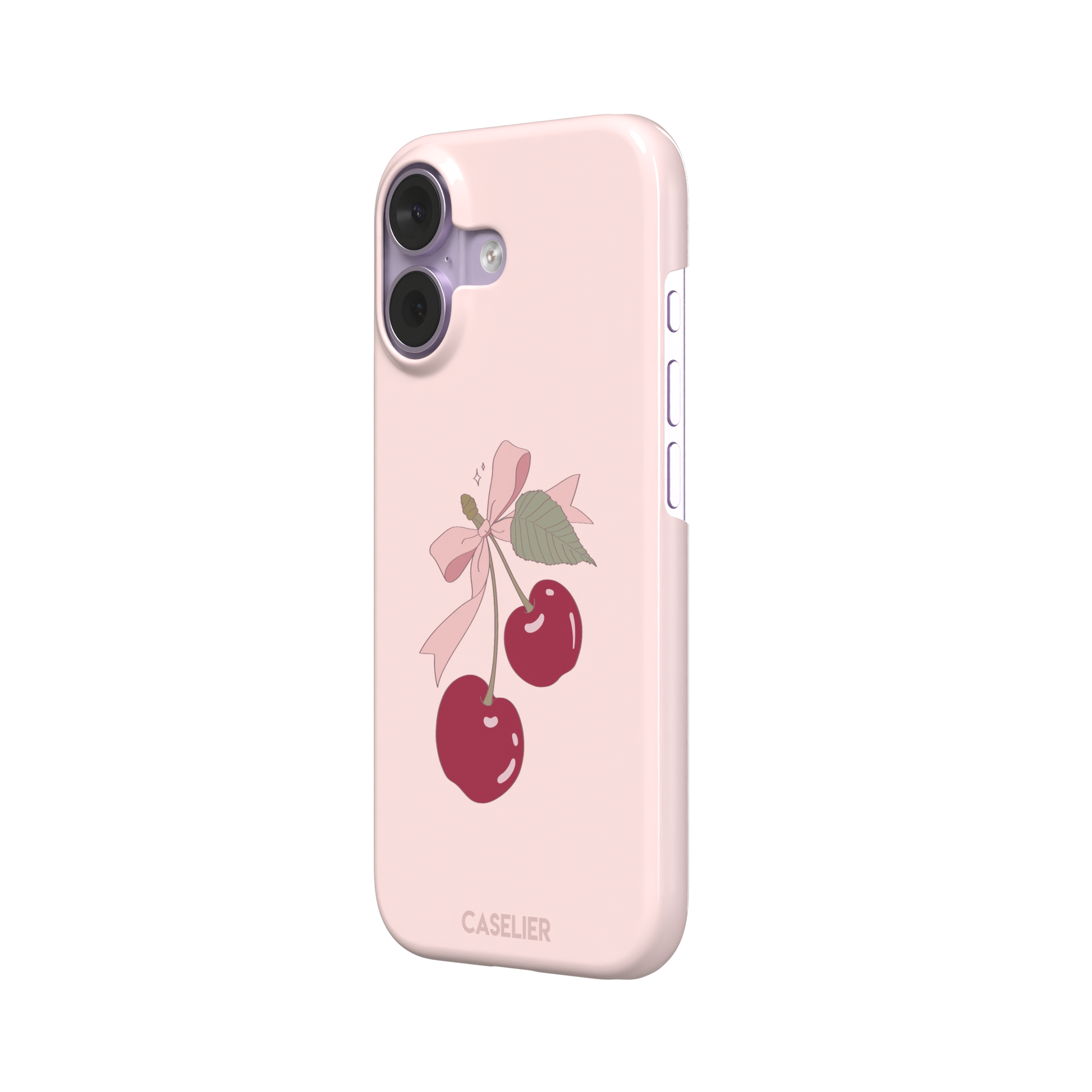 Soft pink phone case featuring two glossy red cherries tied with a pink ribbon bow and green leaf illustration in a coquette style, phone case by Caselier — snap case, right view
