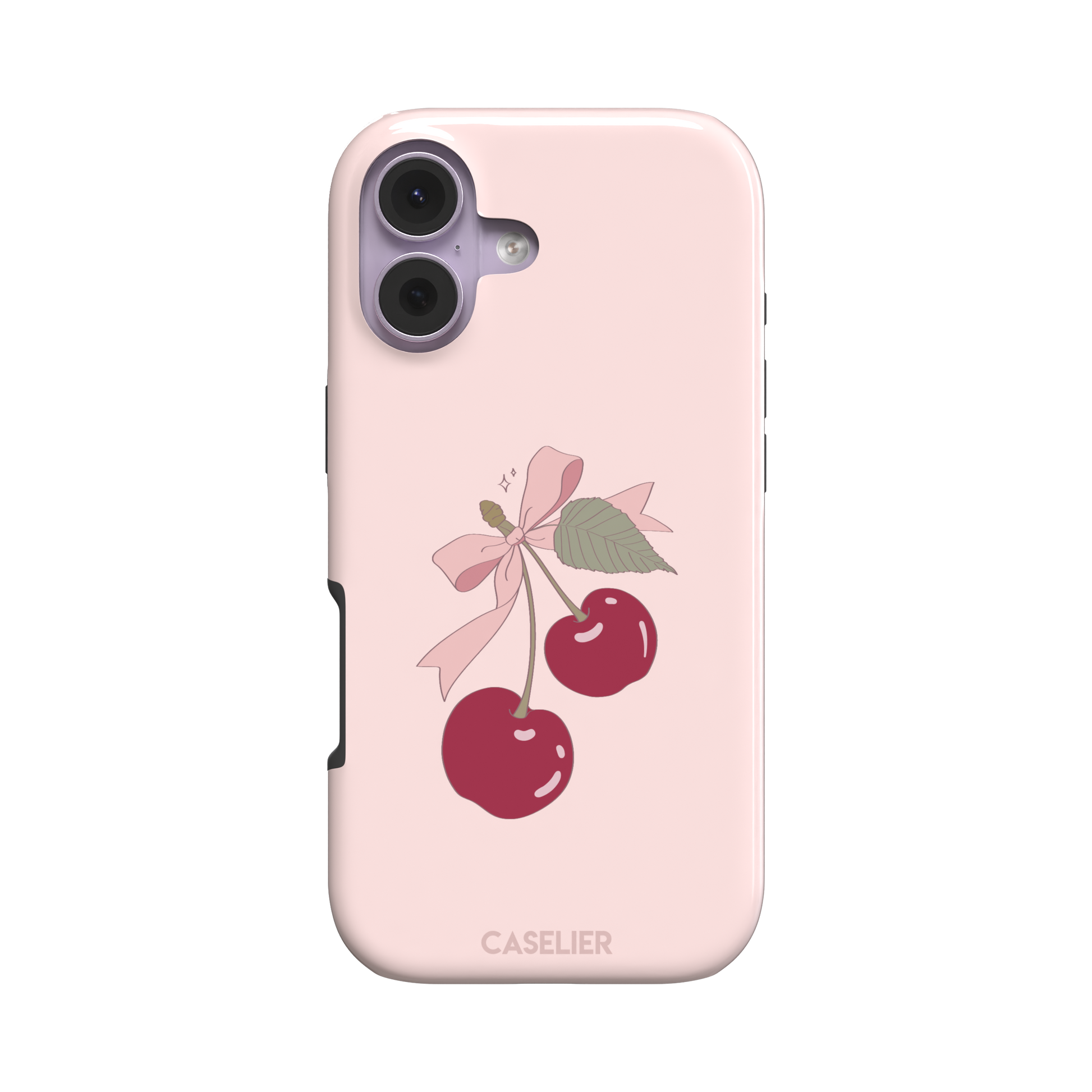 Soft pink phone case featuring two glossy red cherries tied with a pink ribbon bow and green leaf illustration in a coquette style, phone case by Caselier — tough case, front view