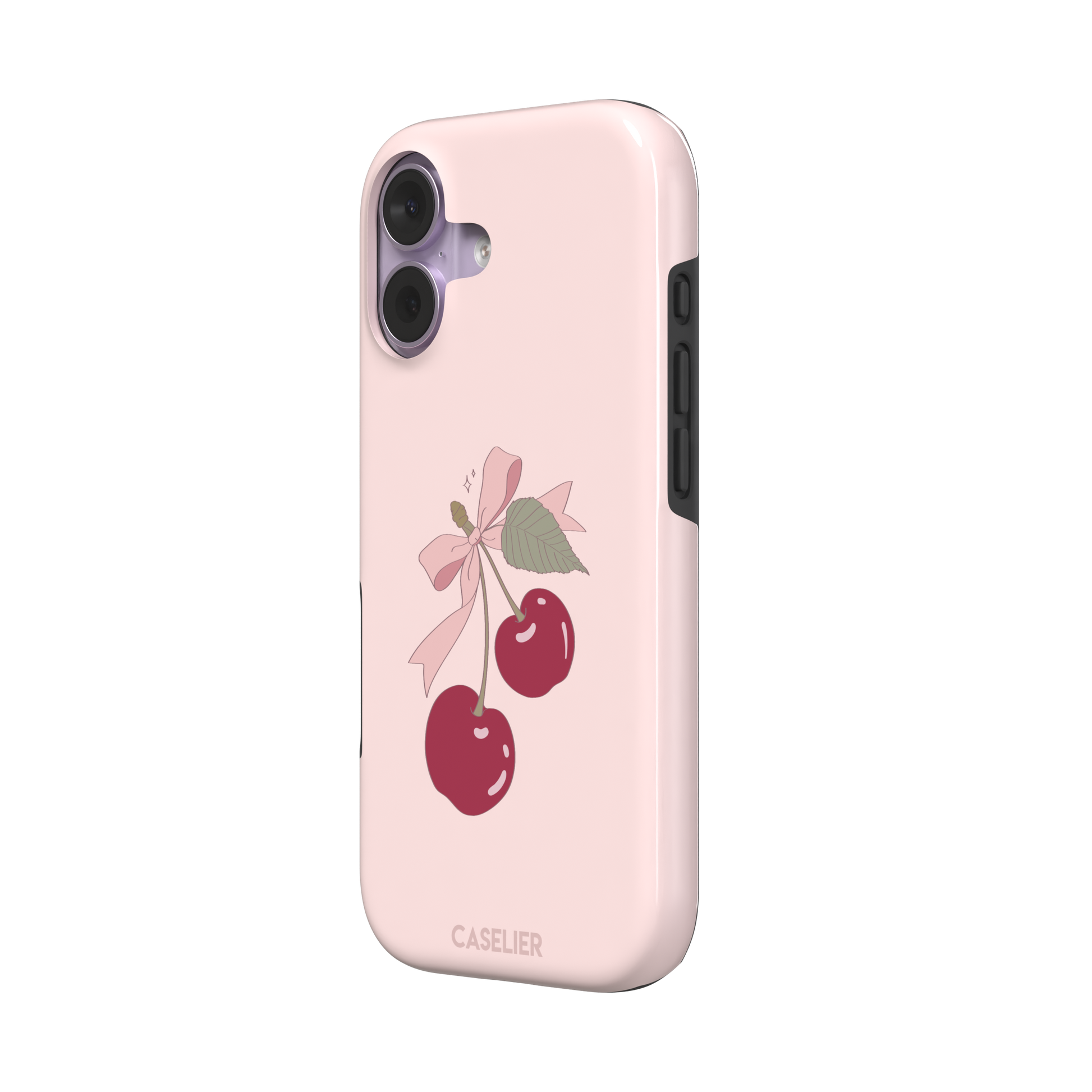 Soft pink phone case featuring two glossy red cherries tied with a pink ribbon bow and green leaf illustration in a coquette style, phone case by Caselier — tough case, right view