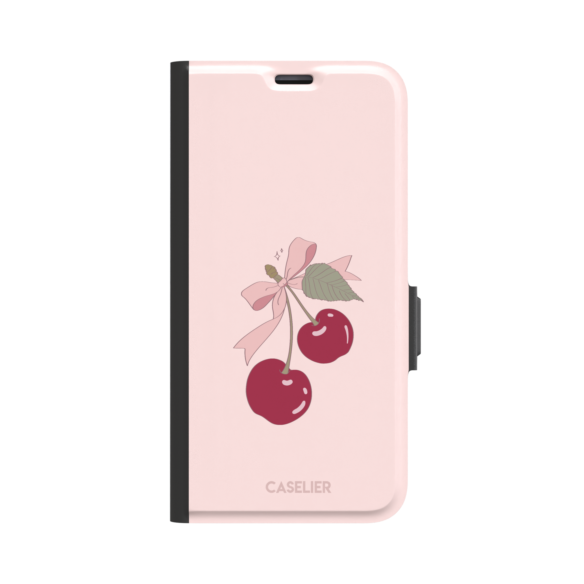 Soft pink phone case featuring two glossy red cherries tied with a pink ribbon bow and green leaf illustration in a coquette style, phone case by Caselier — wallet case, front view