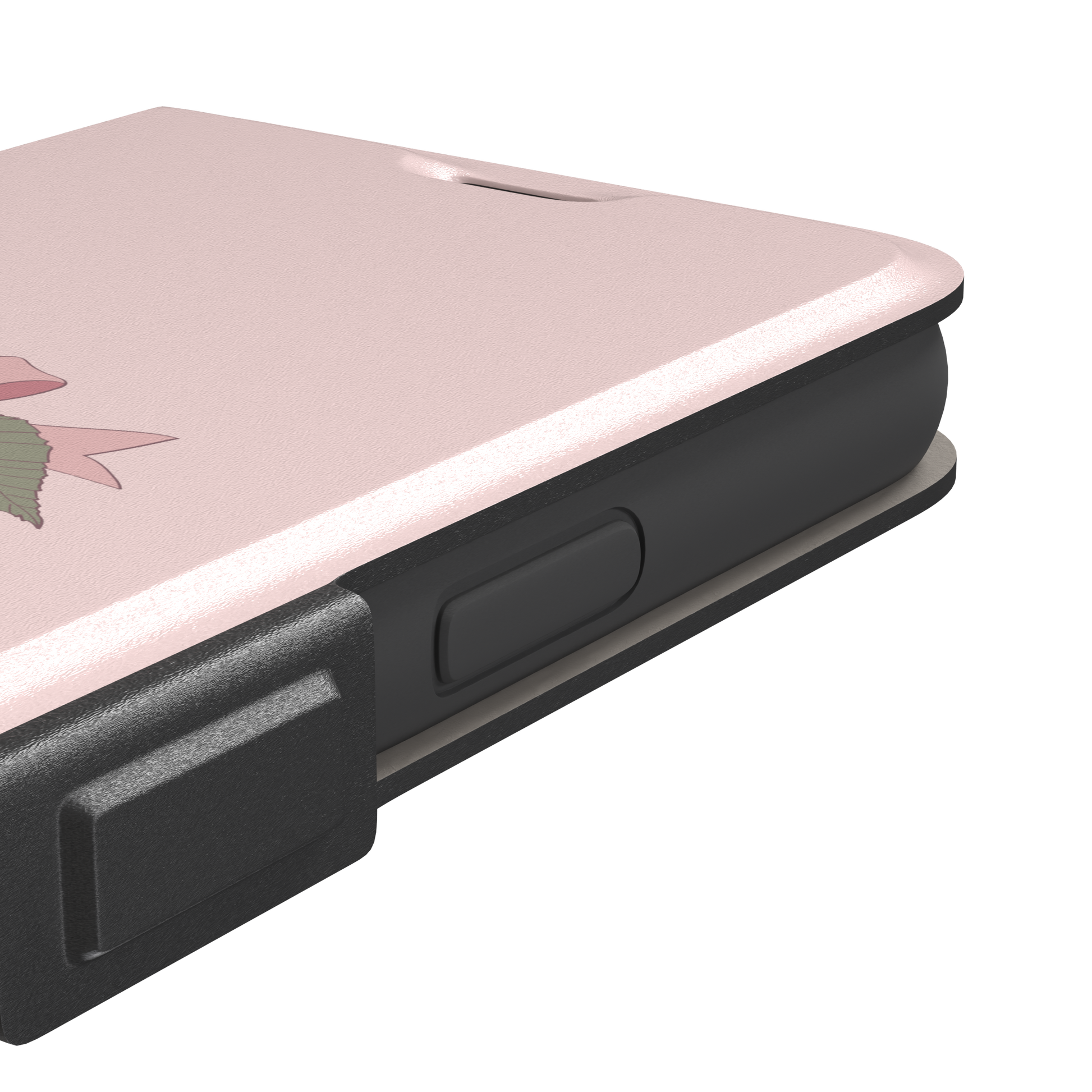 Soft pink phone case featuring two glossy red cherries tied with a pink ribbon bow and green leaf illustration in a coquette style, phone case by Caselier — wallet case, volume buttons detail