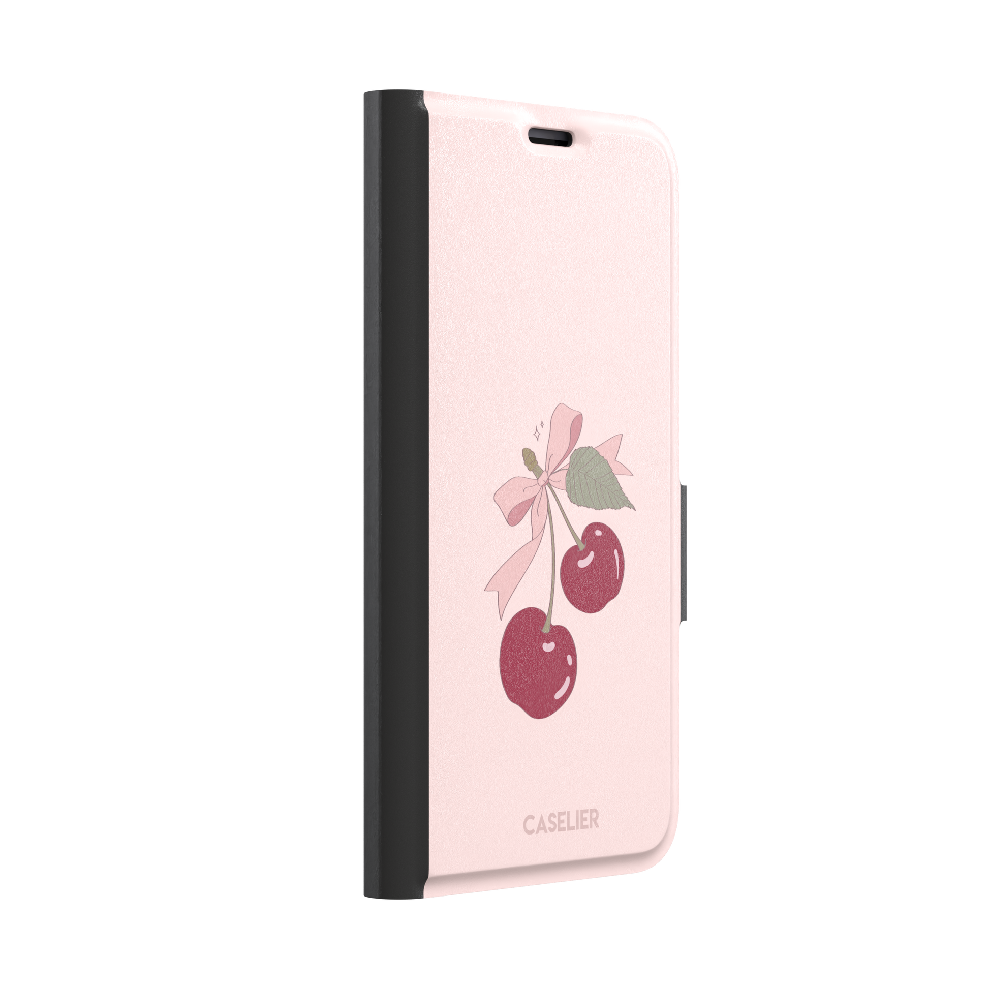 Soft pink phone case featuring two glossy red cherries tied with a pink ribbon bow and green leaf illustration in a coquette style, phone case by Caselier — wallet case, left view