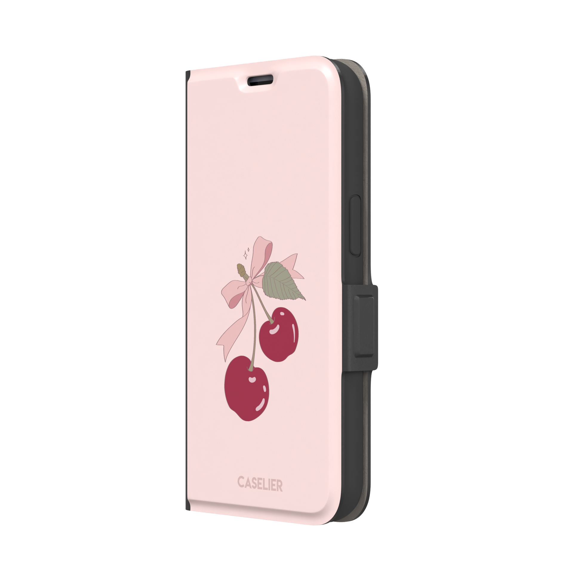 Soft pink phone case featuring two glossy red cherries tied with a pink ribbon bow and green leaf illustration in a coquette style, phone case by Caselier — wallet case, right view