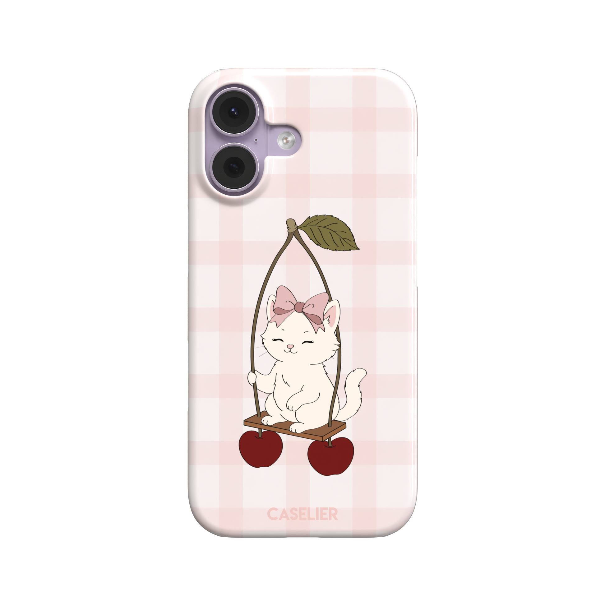 Cherry Swing phone case featuring a white cartoon kitten with a pink bow sitting on a cherry-suspended swing over a blush pink gingham background, phone case by Caselier — snap case, front view