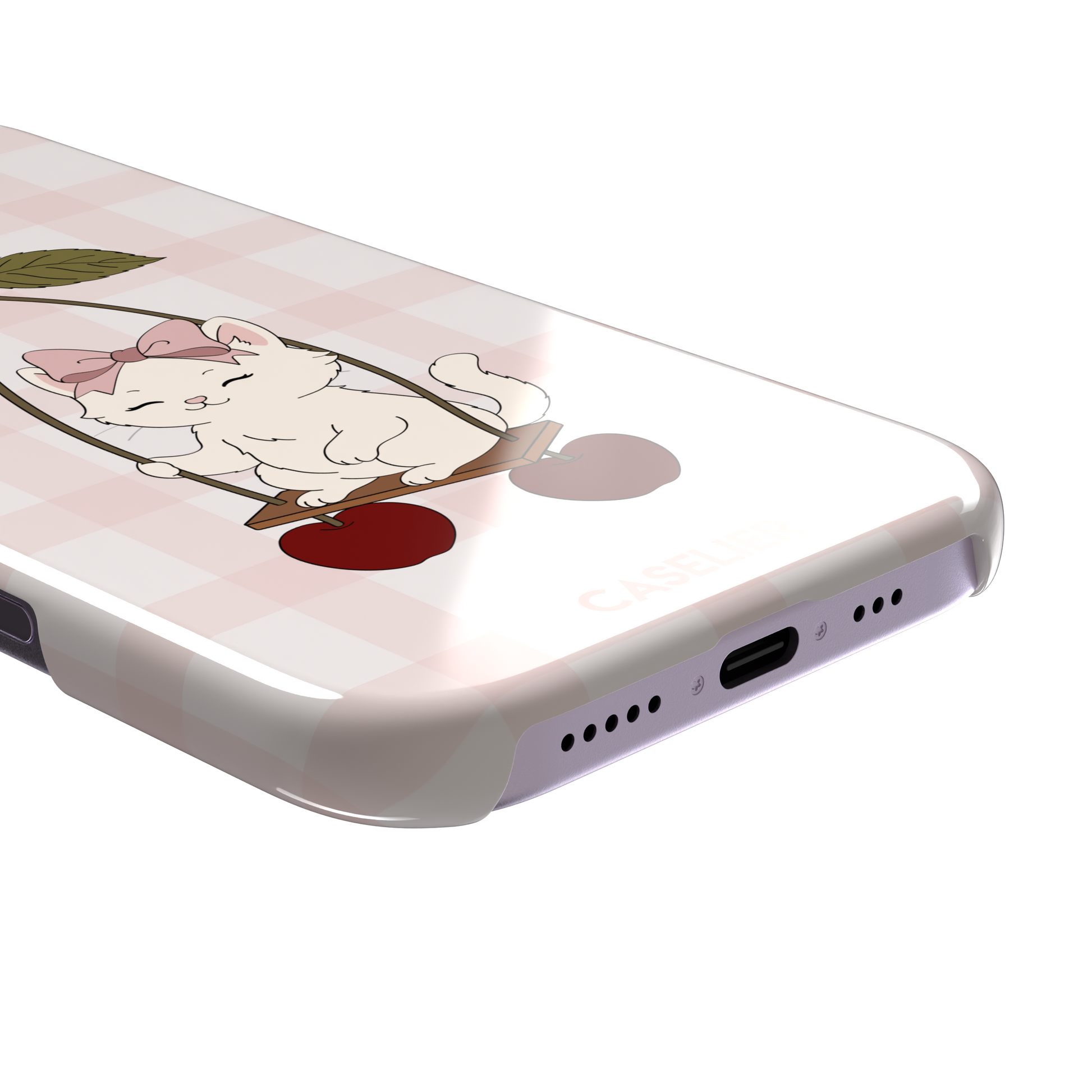 Cherry Swing phone case featuring a white cartoon kitten with a pink bow sitting on a cherry-suspended swing over a blush pink gingham background, phone case by Caselier — snap case, charging port detail