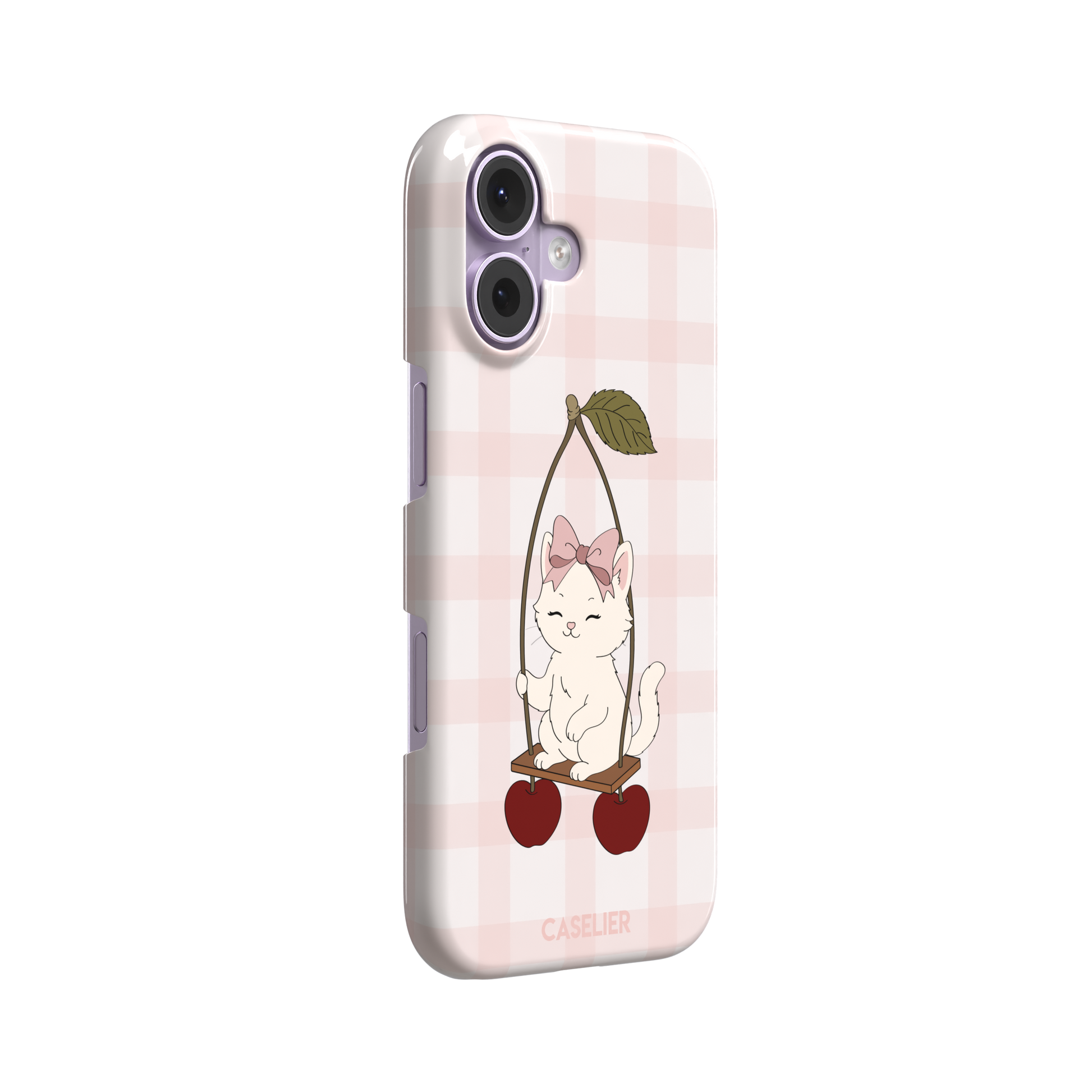 Cherry Swing phone case featuring a white cartoon kitten with a pink bow sitting on a cherry-suspended swing over a blush pink gingham background, phone case by Caselier — snap case, left view