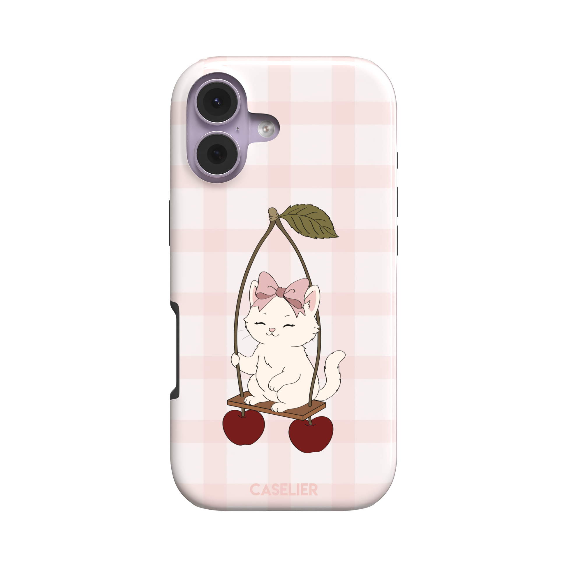 Cherry Swing phone case featuring a white cartoon kitten with a pink bow sitting on a cherry-suspended swing over a blush pink gingham background, phone case by Caselier — tough case, front view
