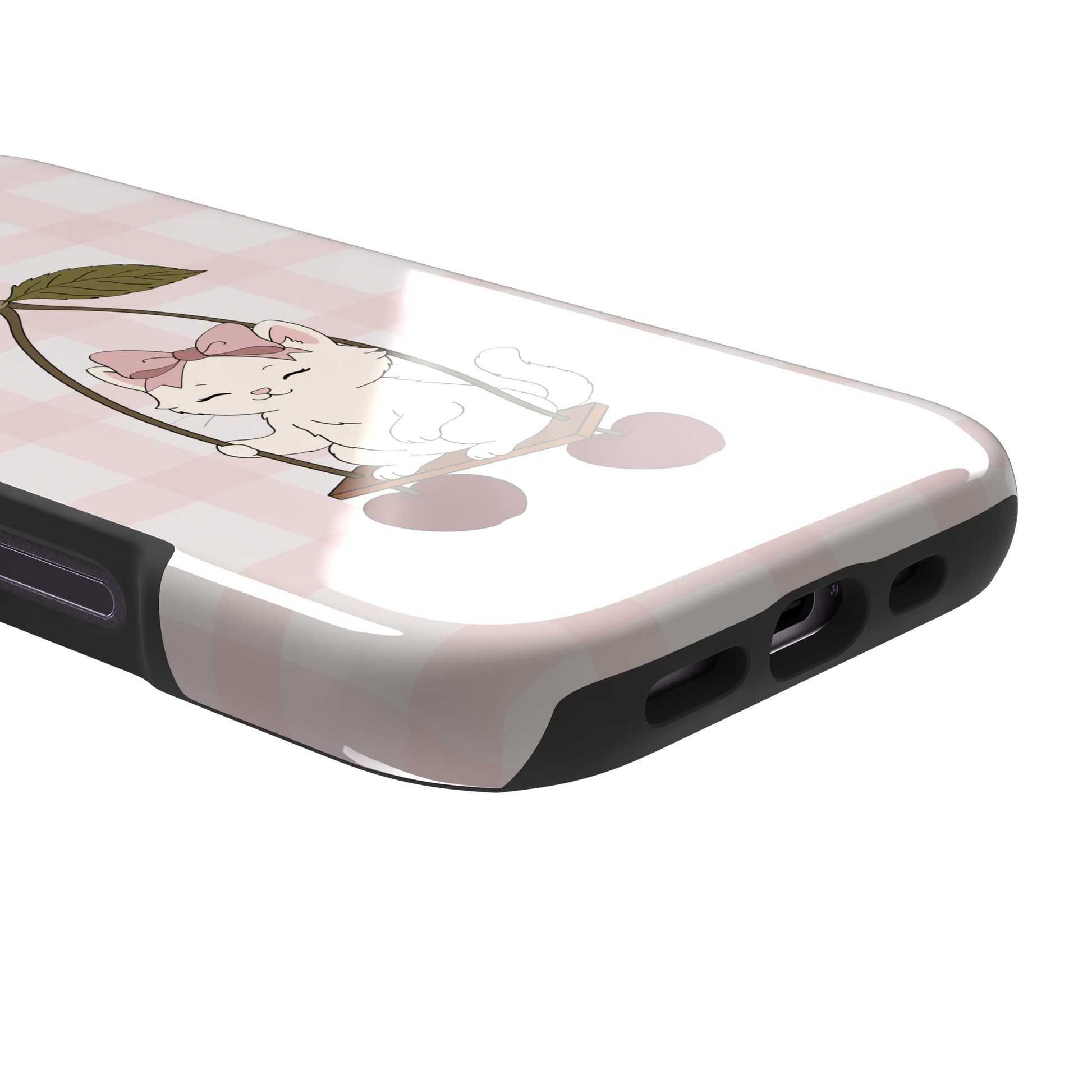 Cherry Swing phone case featuring a white cartoon kitten with a pink bow sitting on a cherry-suspended swing over a blush pink gingham background, phone case by Caselier — tough case, charging port detail