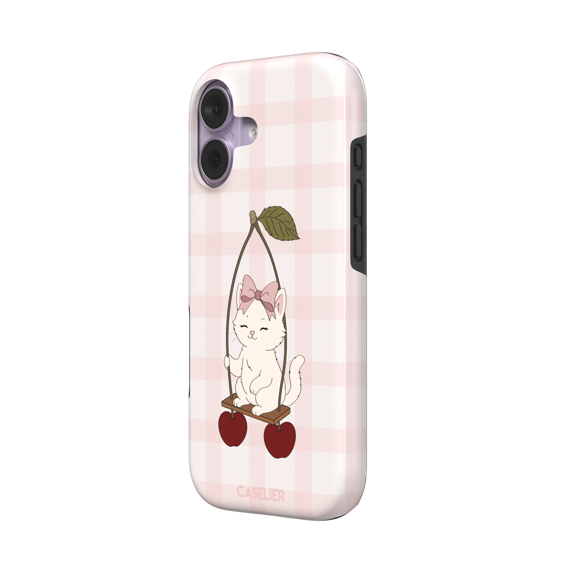Cherry Swing phone case featuring a white cartoon kitten with a pink bow sitting on a cherry-suspended swing over a blush pink gingham background, phone case by Caselier — tough case, right view
