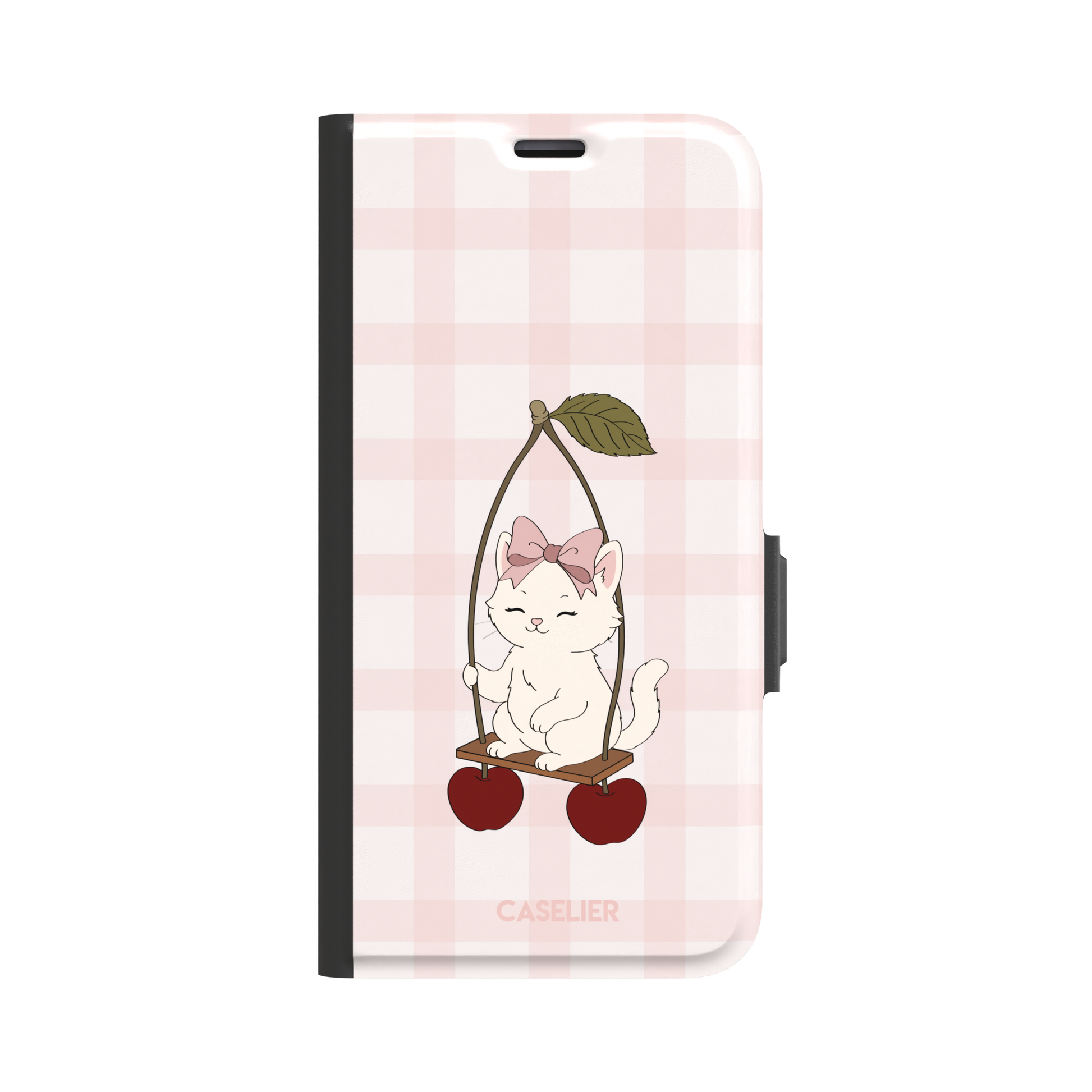 Cherry Swing phone case featuring a white cartoon kitten with a pink bow sitting on a cherry-suspended swing over a blush pink gingham background, phone case by Caselier — wallet case, front view