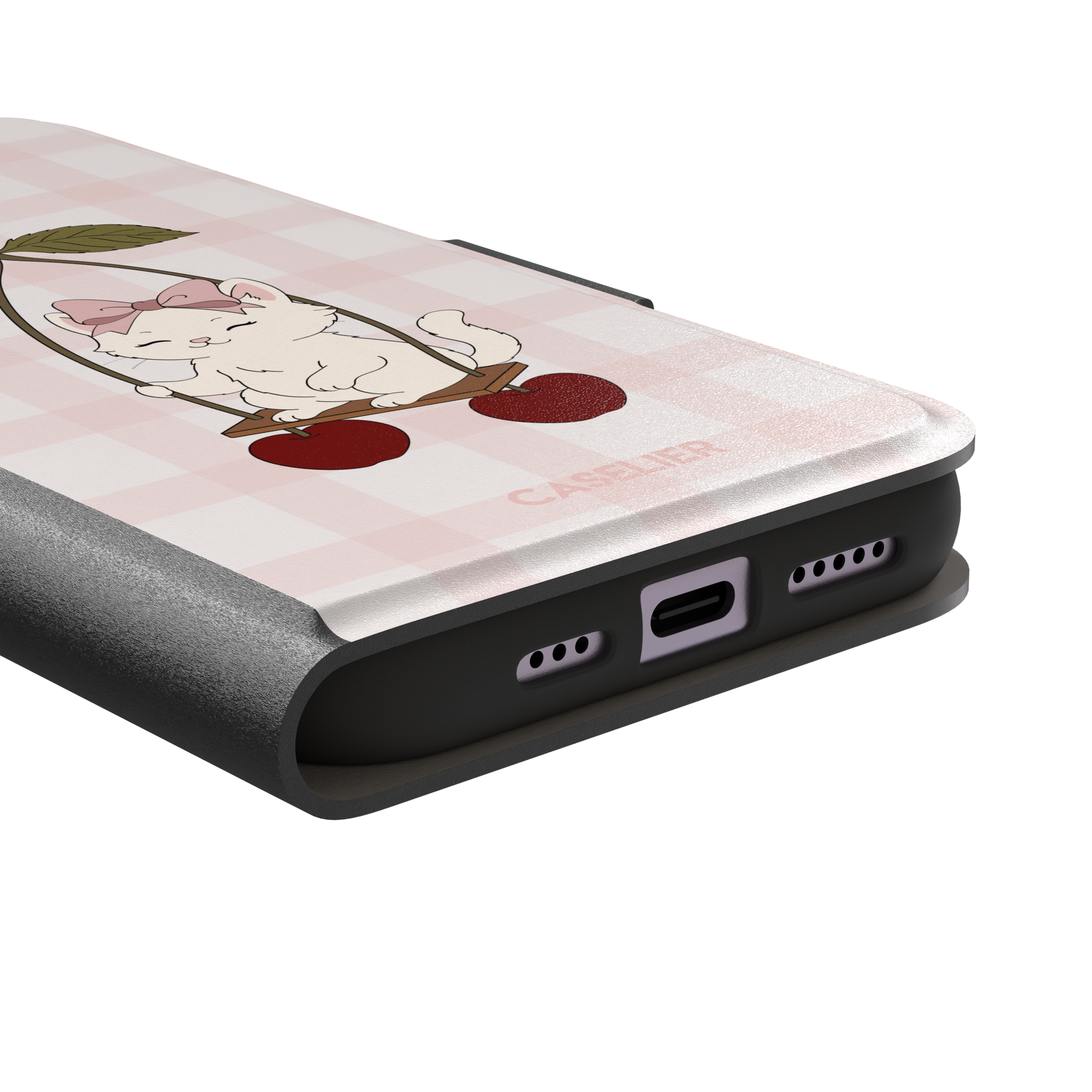 Cherry Swing phone case featuring a white cartoon kitten with a pink bow sitting on a cherry-suspended swing over a blush pink gingham background, phone case by Caselier — wallet case, charging port detail